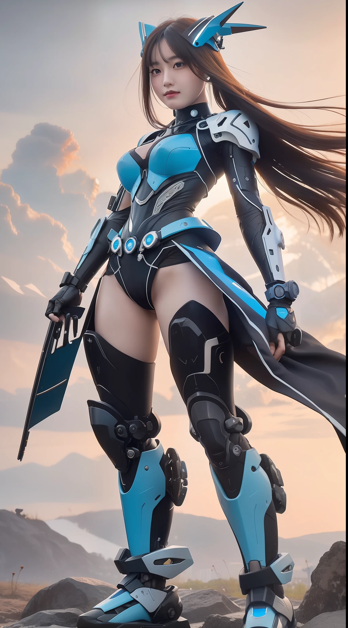 Highest Quality, Outstanding detail, 超A high resolution, (fidelity: 1.4), Best Illustration, favor details, 30-year-old mecha girl with delicate and beautiful face, ((Blue Symborg Body: 1.8)), slim,full body Esbian,zoomout,Frontal, Ruins,Cyberpunk, Futuristic, Real Mecha、glitters、droid、s Armor、head gear、mechanical aesthetics, Complex mechanics,, Virtual Engine 5, Perfect Detail Rendering, Octane Rendering, Ultra HD、Hair flutters in the wind、flying though the air、A sexy