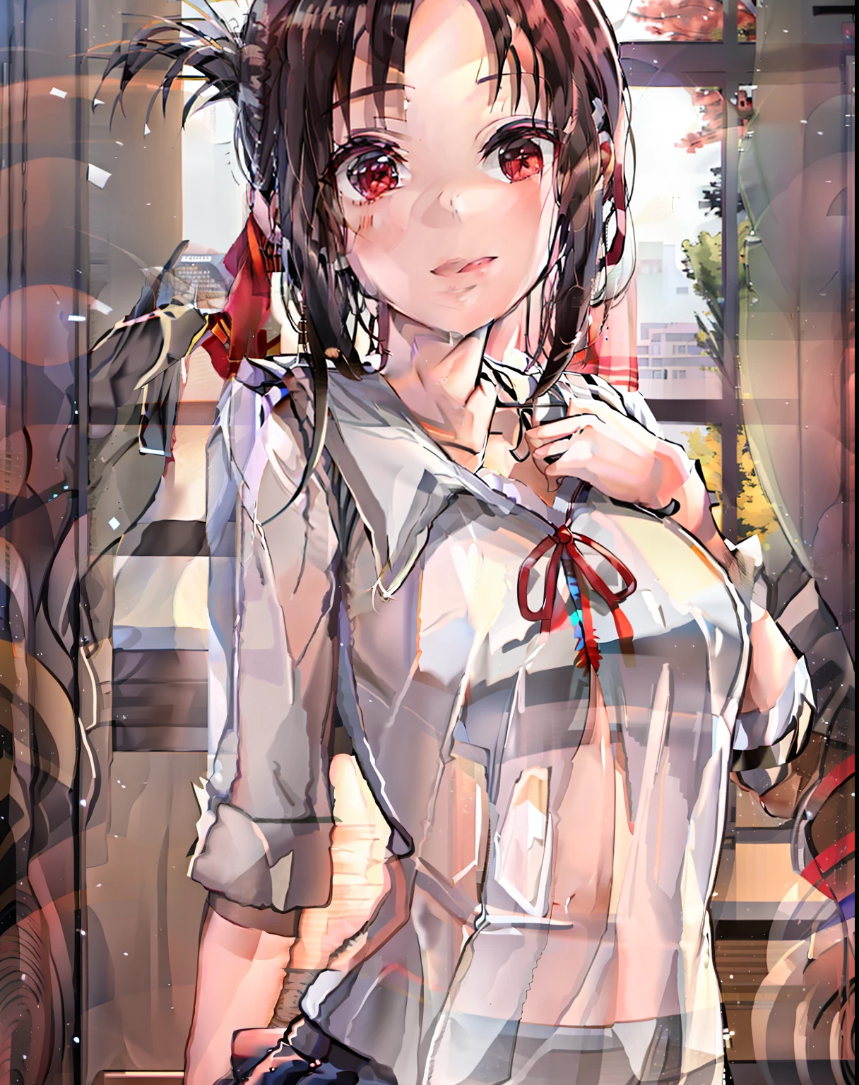 shinomiya_Kaguya, Red_ribbon,_,dark red eye,,The school uniform is open，Exposed body，no brassiere，Superskirt，2D，Photo style，full bodyesbian，high qulity