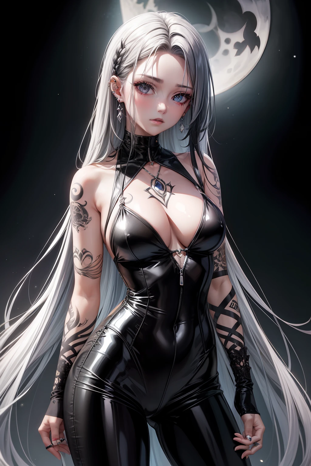 Selene undeworld, loba, Hibrido,piercings, tatuagens, tattoo de lua 🌙 na testa, black catsuit, Corcer, cabelo escuros, cachos,