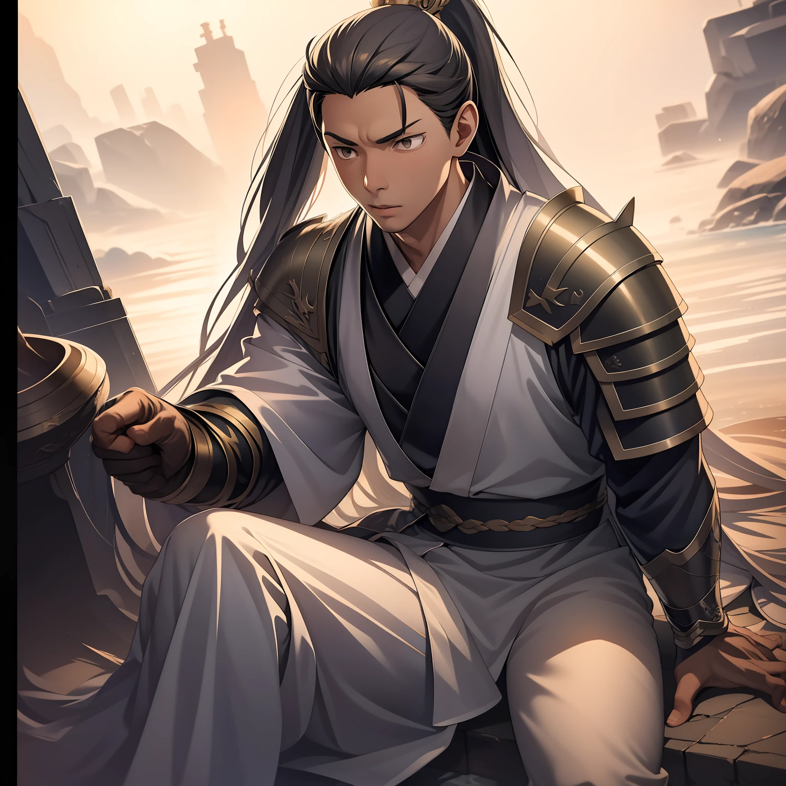 quadratic element,style of anime,mtu(Male Warrior),The proportions are correct,Face details,swordsmen,High ponytail hairstyle,Neck details,There is an Adam's apple,Black Hanfu,kaftan,Embroidered robes,Black robe,clothes details,Handing over,longer sleeves,Game quality,Swordsmanship,Light and shadow tracking,Ray traching,detailed glow,cg render,hair detail,long white hair,Black eyes,Handsome,Handsome,(juvenile sense),Clothing is complicated,Perfectcomposition,Refinement,high qulity,higher details,Lots of details,The background is complex,a sense of atmosphere,