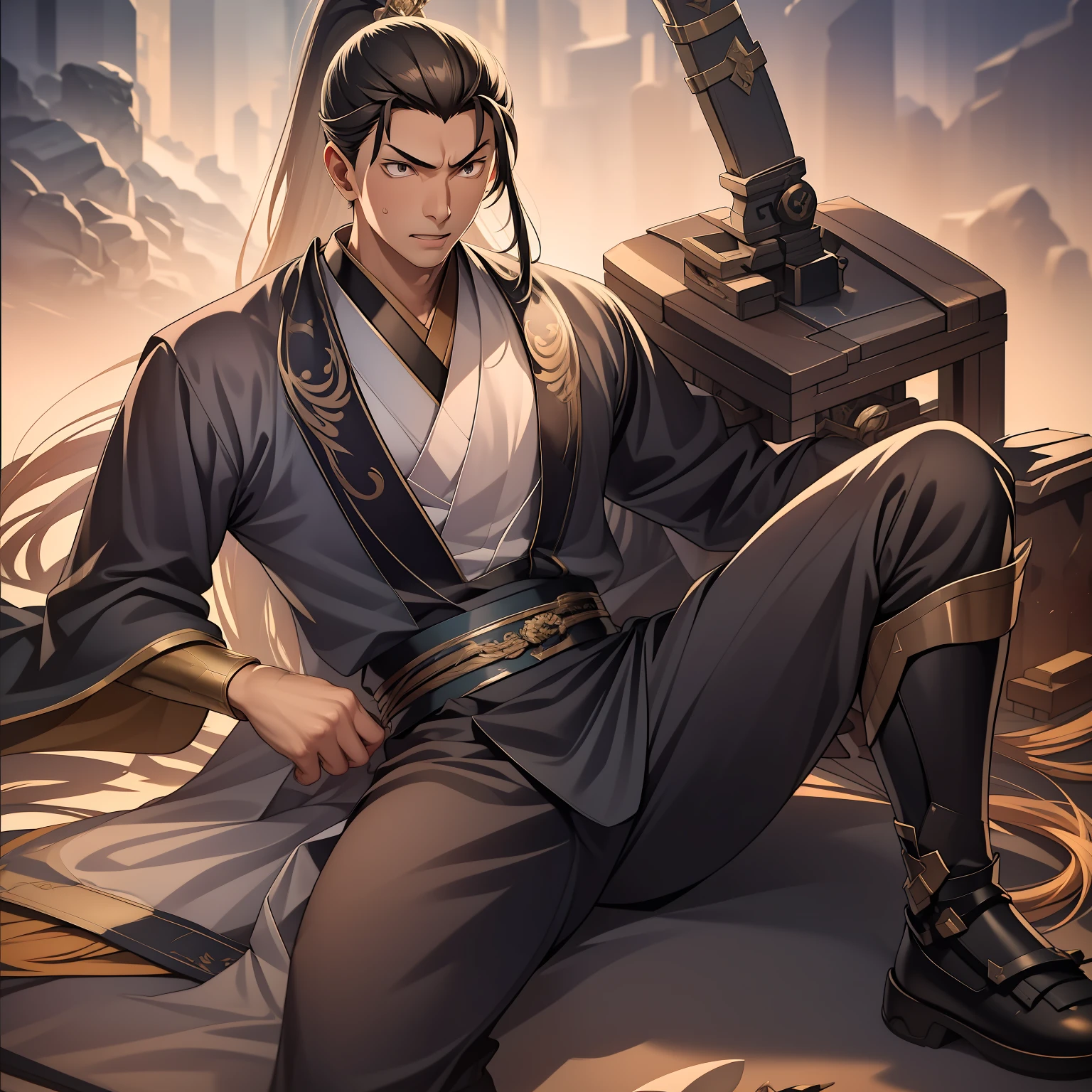 quadratic element,style of anime,mtu(Male Warrior),The proportions are correct,Face details,swordsmen,High ponytail hairstyle,Neck details,There is an Adam's apple,Black Hanfu,kaftan,Embroidered robes,Black robe,clothes details,Handing over,longer sleeves,Game quality,Swordsmanship,Light and shadow tracking,Ray traching,detailed glow,cg render,hair detail,long white hair,Black eyes,Handsome,Handsome,(juvenile sense),Clothing is complicated,Perfectcomposition,Refinement,high qulity,higher details,Lots of details,The background is complex,a sense of atmosphere,