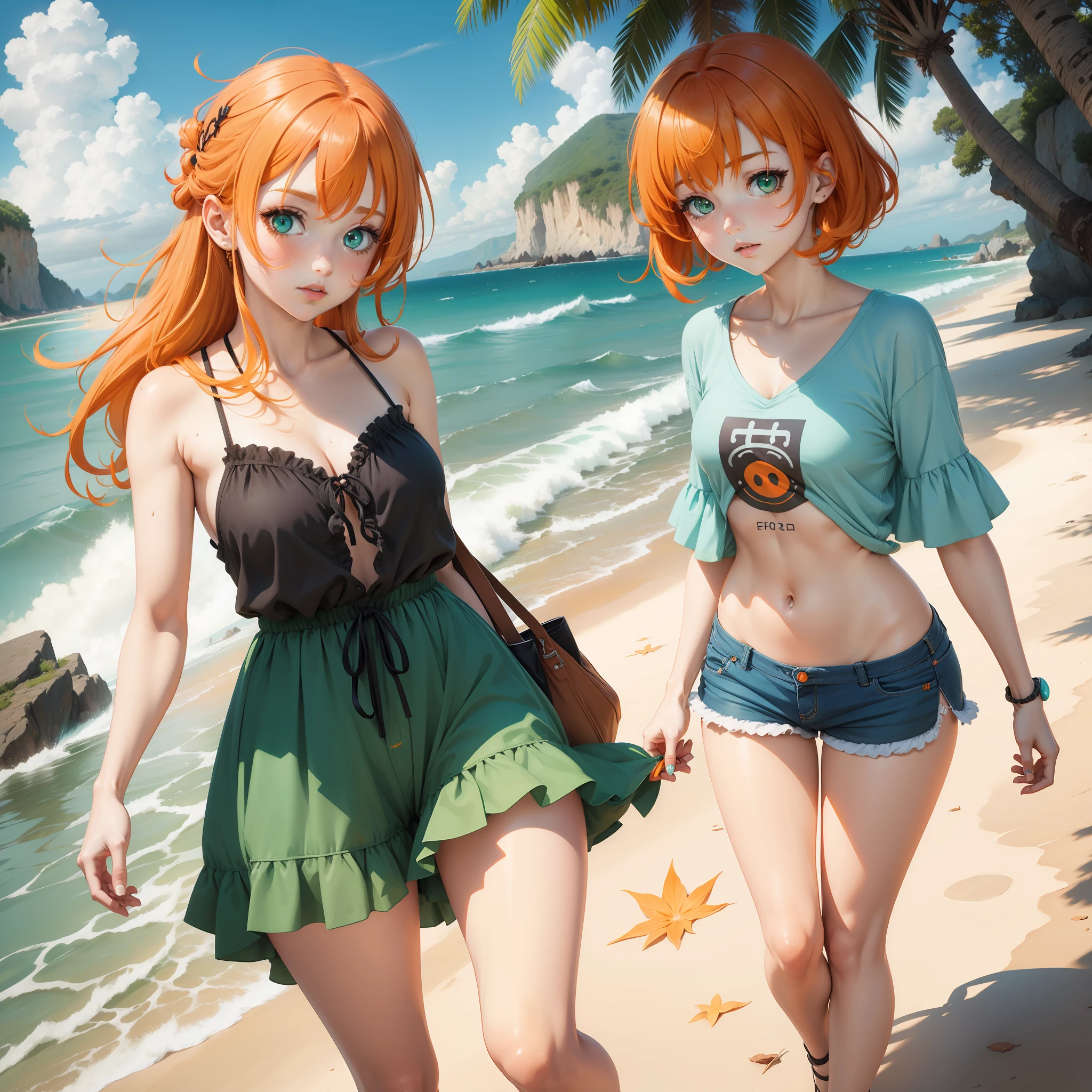 Praia anime girl orange hair green eyes cyan biquini