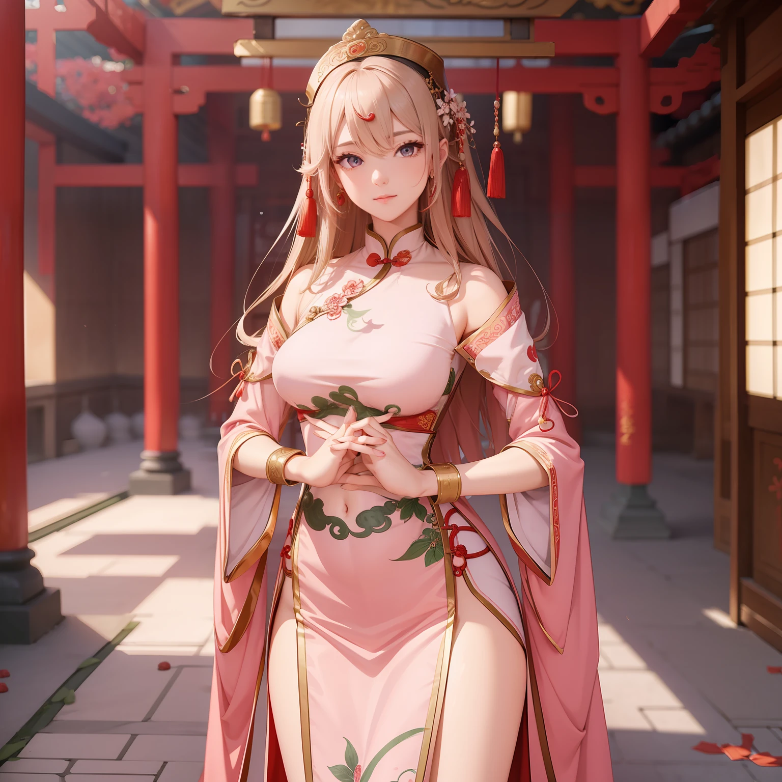 Woman, Standing Inside a Chinese temple, beautiful face, full body, perfect face, cream long hair, beautiful eyes, masterpiece, best quality, fix hands