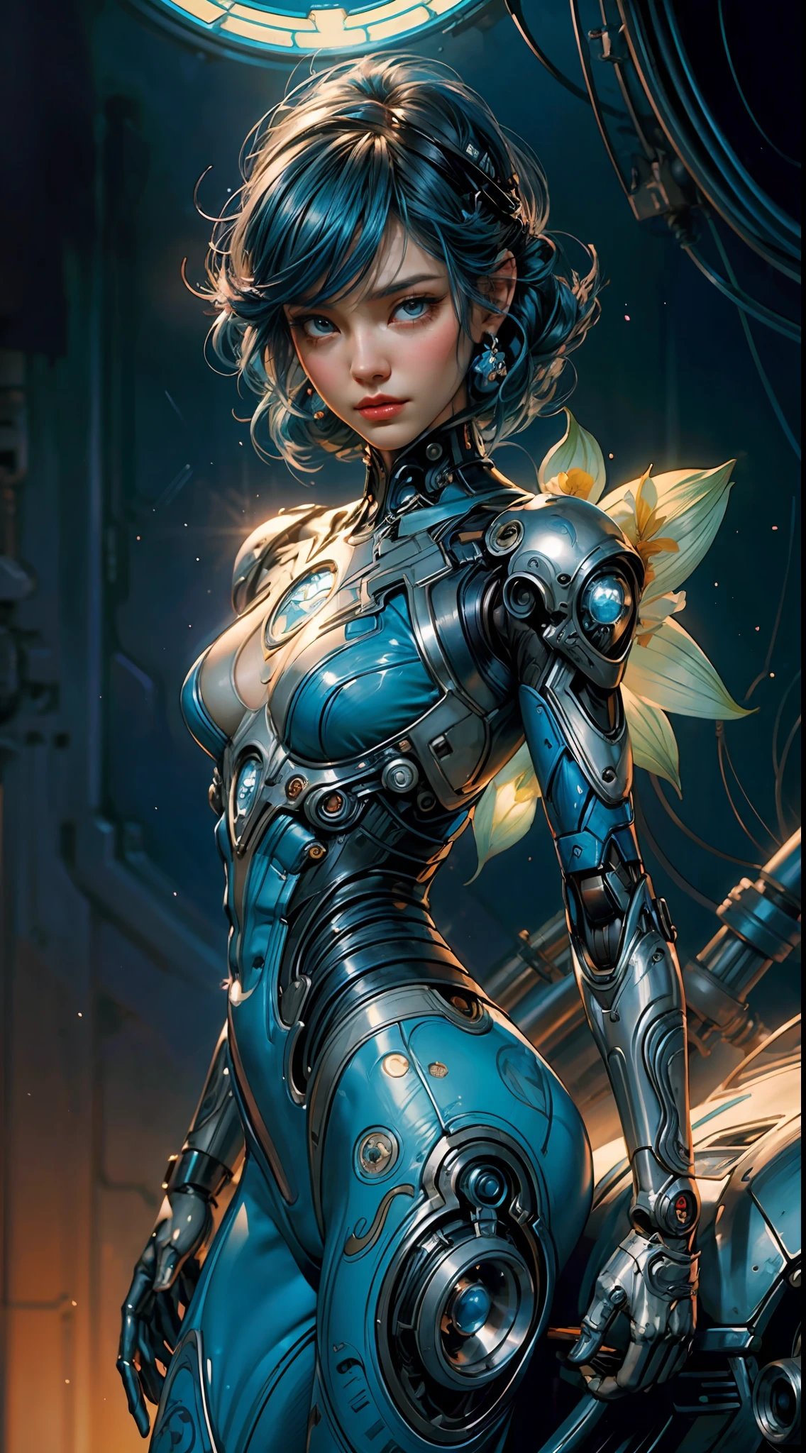 painting of a cyborg woman with a blue hair and a flower in her hair with cyber arms de costas, artgerm and james jean, anna dittmann alberto vargas, in style of anna dittmann, beautiful retro art, a beautiful artwork illustration, inspired by James Jean, james jean and wlop, james jean soft light 4 k, james jean soft light 4k, beautiful digital artwork