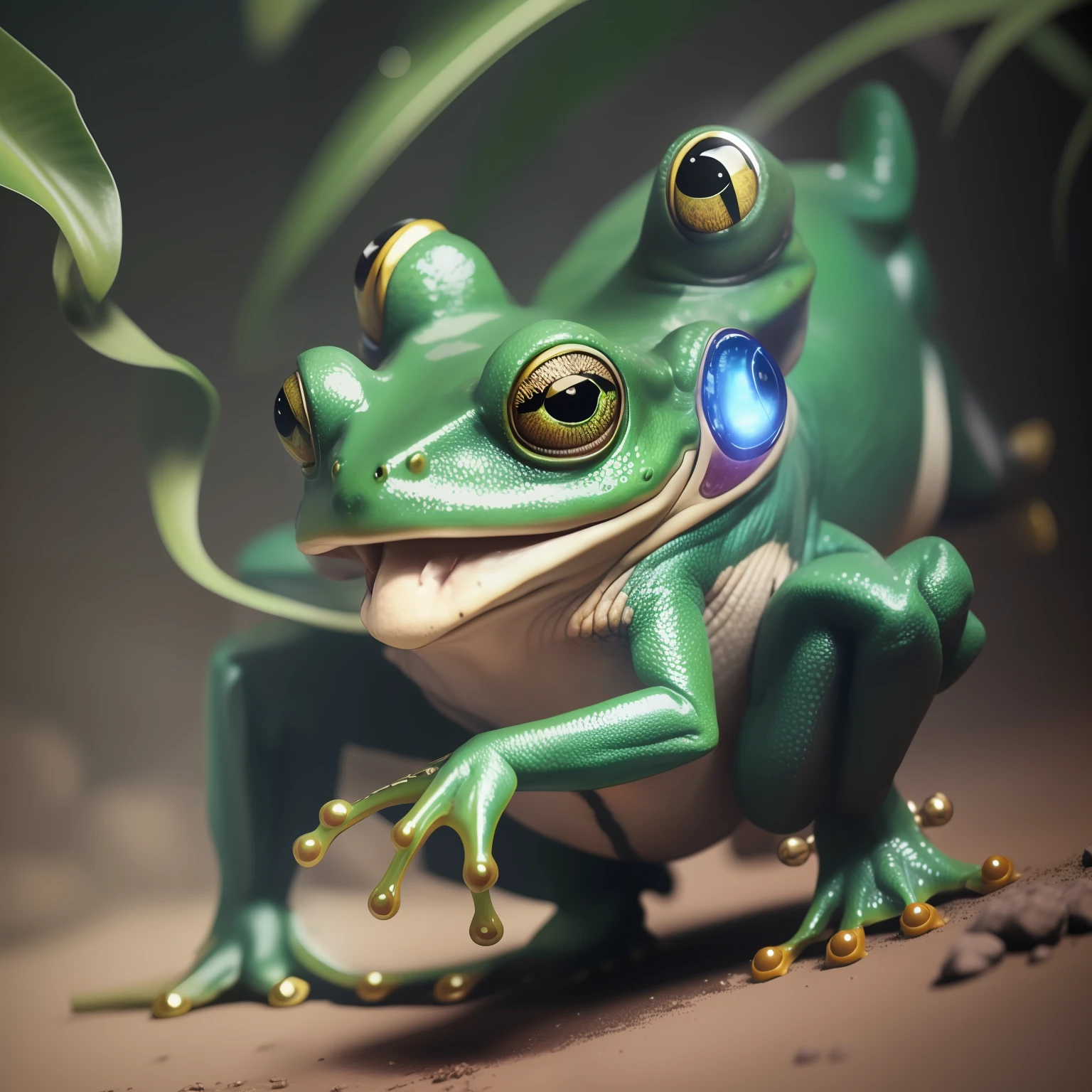 There is a green frog with a tooth in its mouth, sapo cyberpunk, pintura digital altamente detalhada, 3 d render stylized, 3d rendering stylized, renderizado em keyshot, painting digital adorable, alien frog, mechanical frog, super detailed rendering, ultra realistic 3d illustration, arte digital hiper detalhada, frogzilla criatura, realistic fantasy rendering, sapo - criatura elefante