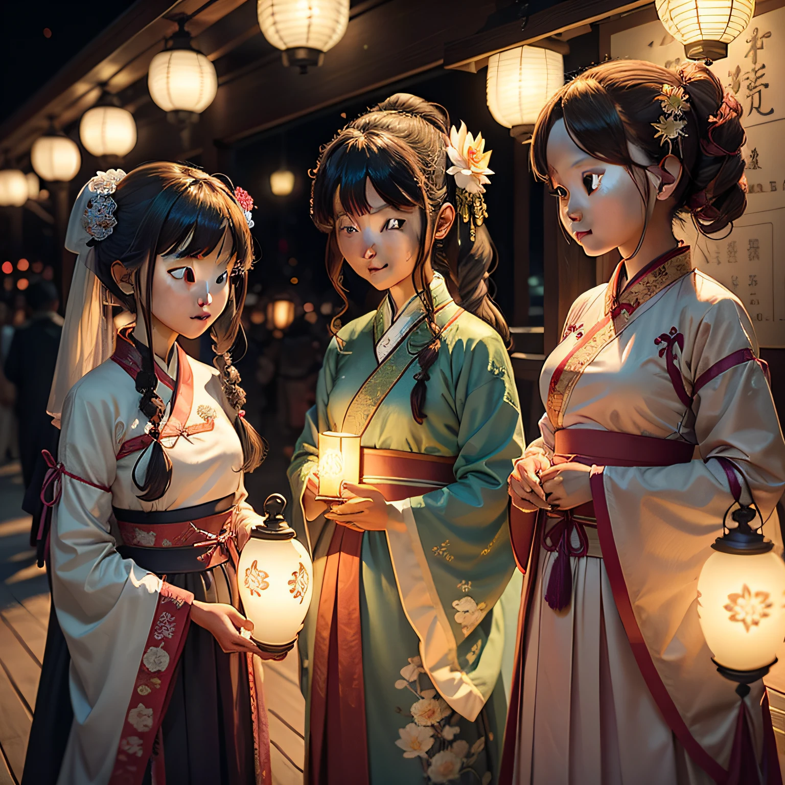 Lantern Festival,The lights are on,Ambilight,Three maidens(A double ponytail,A twisted braid,A decentralized one),Double ponytail girl,Hanfu wearing a fan-shaped lotus pattern,Girl with twisted pigtails in red(It is embroidered with golden flowers)Hanfu,Scattered girl in blue and white(With embroidery)Hanfu,Sugar gourd and lantern in hand