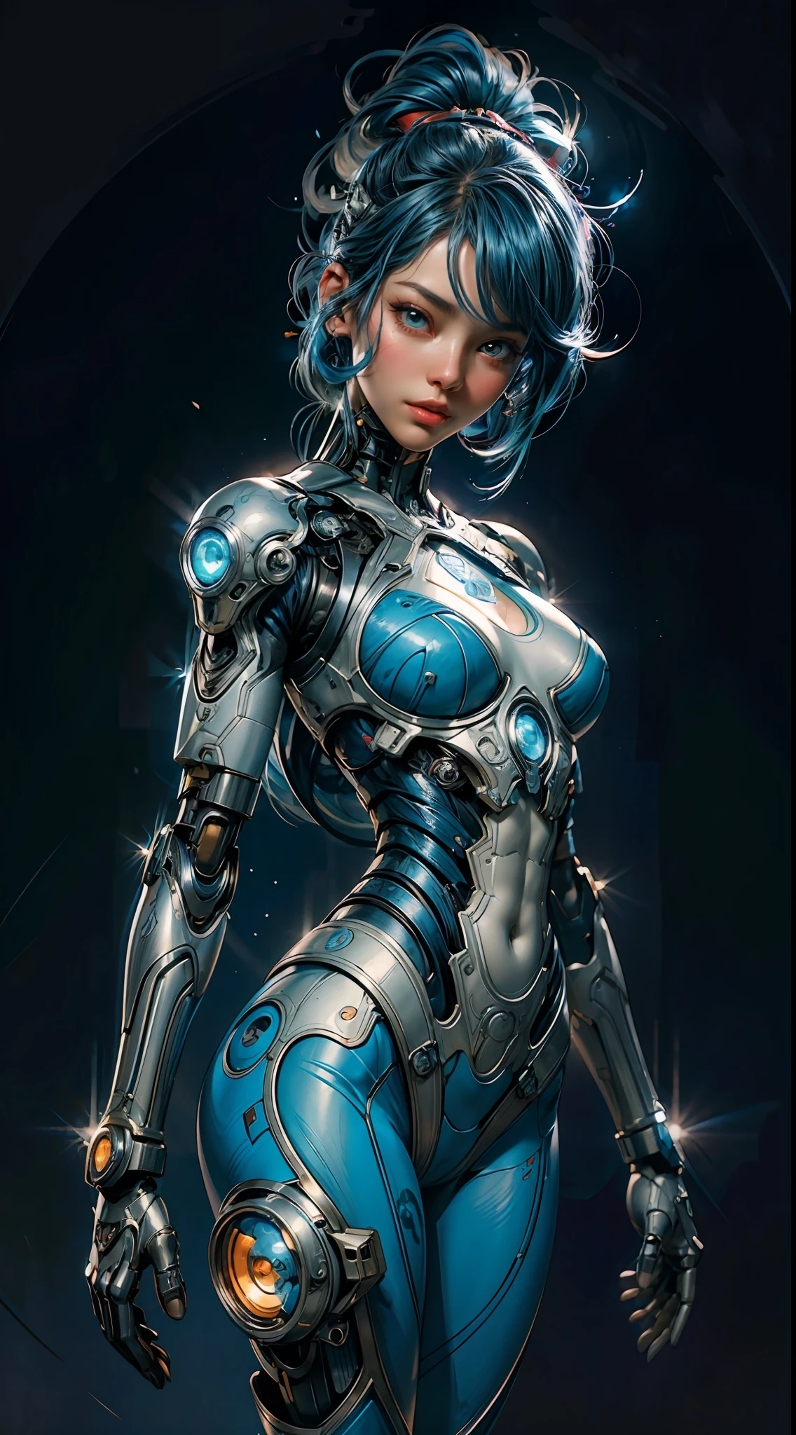 painting of a cyborg woman with a blue hair and a flower in her hair with cyber arms de costas, artgerm and james jean, anna dittmann alberto vargas, in style of anna dittmann, beautiful retro art, a beautiful artwork illustration, inspired by James Jean, james jean and wlop, james jean soft light 4 k, james jean soft light 4k, beautiful digital artwork