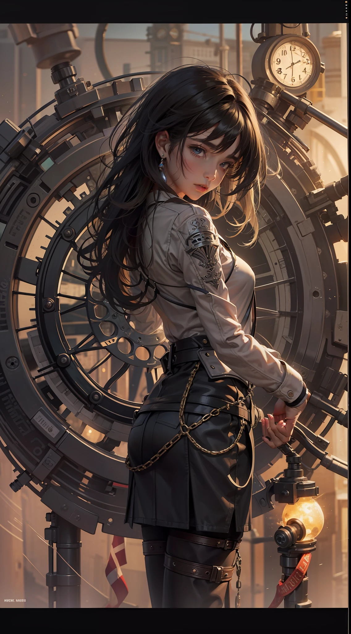 s girl,Mechanical body,Magic wheel behind it,cabelos preto e longos,tmasterpiece,Ambient lighting。