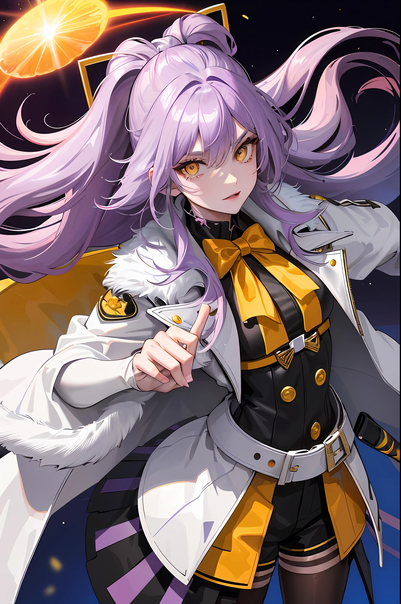 1woman, solo, light purple hair, two tone hair, 50 whiteish-purple, 20 purple hair, evil glare, glowing yellow eyes, extra long hair, hair between eyes, dark sky background, sun and moon, looking at viewer, high collar jacket with fur insides and sleeves lined with white fur, bodysuit with revealed hips, lens flare abuse, white and yellow clothes, fur coat, shorts, glowing yellow eyes, closeup, orange aura