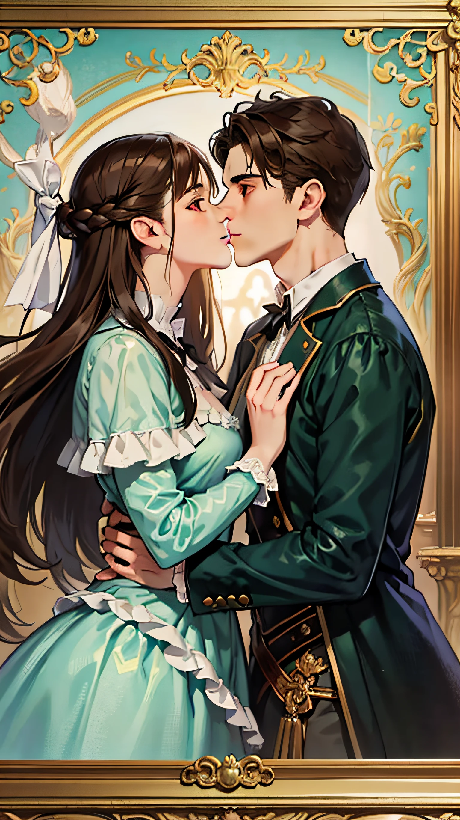 ((Masterpieces)), Best quality, outstanding illustration, A couple kissing, Soft focus, 1 man with long brown hair, Red eyes, 1 girl with long black hair, Brown eyes, Victorian clothes, Victorian romanticism, opulent and exquisite atmosphere, soft light and warm lighting. (((Specific characteristics)))