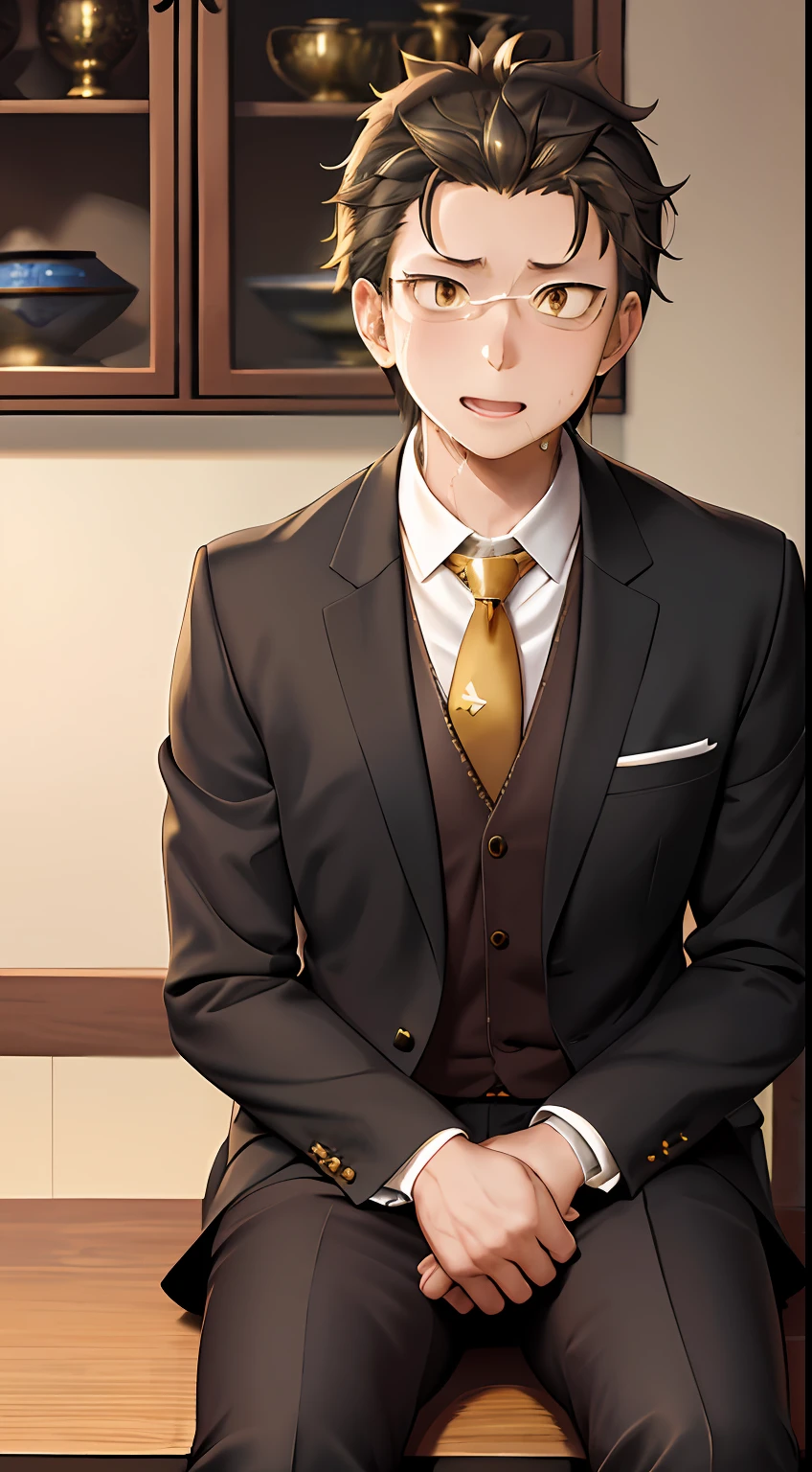 A high resolution， Sharp focus， Pixiv masterpiece， （（Complicated details））， highly  detailed， natsuki_subaru， 1 man， with her mouth open，full bodyesbian，sit astride， Golden eyes（eyes glowing）， blond hairbl， The shirt，Drenched，Gold tie，trousers，thongs，perspire，look from down