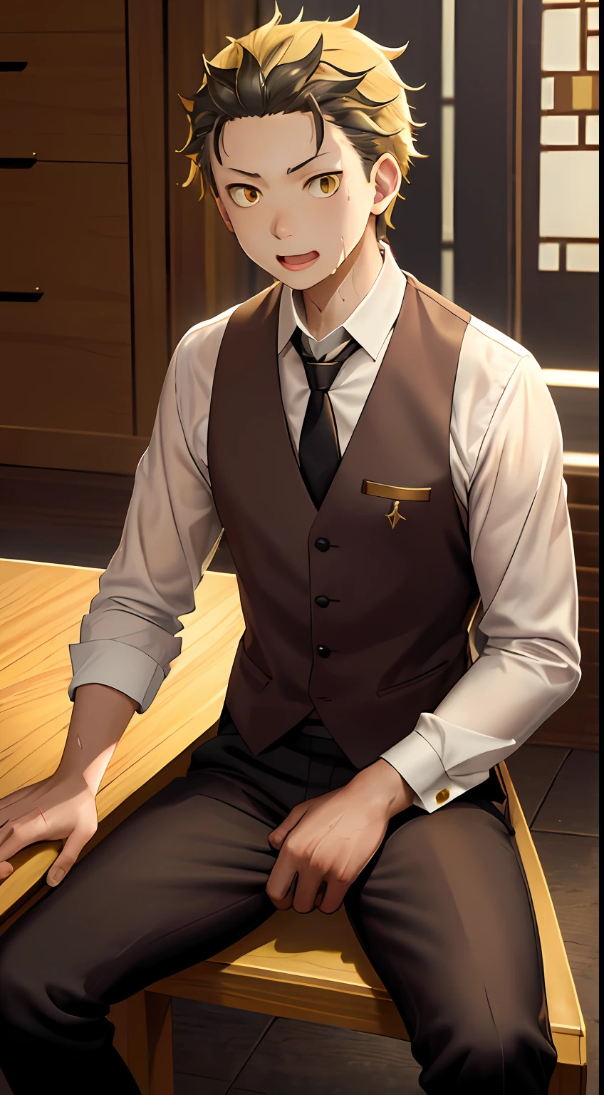 A high resolution, Sharp focus, Pixiv masterpiece, ((Complicated details)), highly detailed, natsuki_subaru, 1 man, with her mouth open,full bodyesbian,sit astride, Golden eyes(eyes glowing), blond hairbl, The shirt,Drenched,Gold tie,trousers,thongs,perspire,look from down