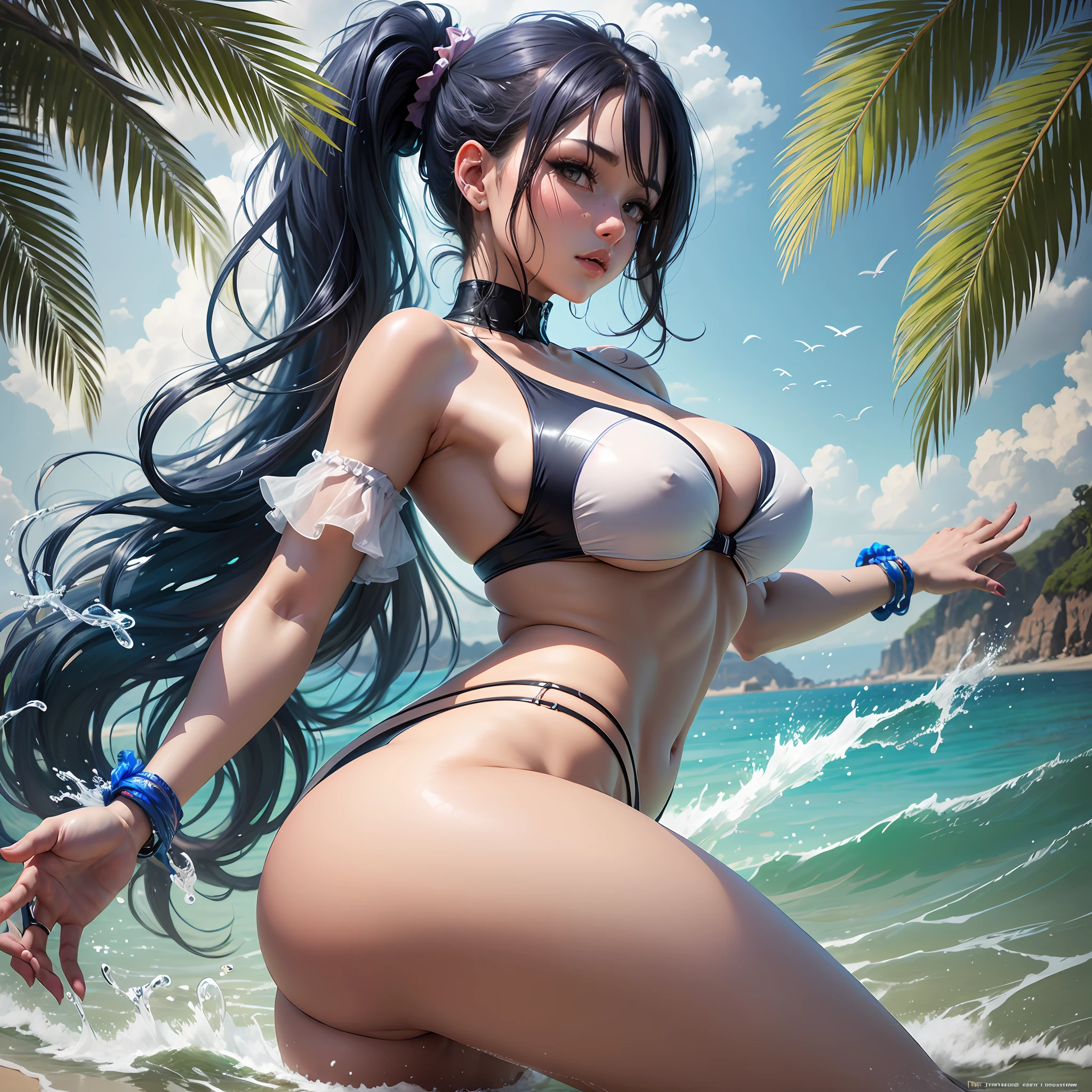 8K、top-quality、An ultra-high picture quality、full bodyesbian、Looking at the camera、Beautuful Women、Long blue hair ponytail、shinny skin、Water running through the skin、Very gigantic-breasts、extremely big ass、shinny skin 、Bikini with very little fabric area、See-through nipples、beach、Slouched --auto --s2