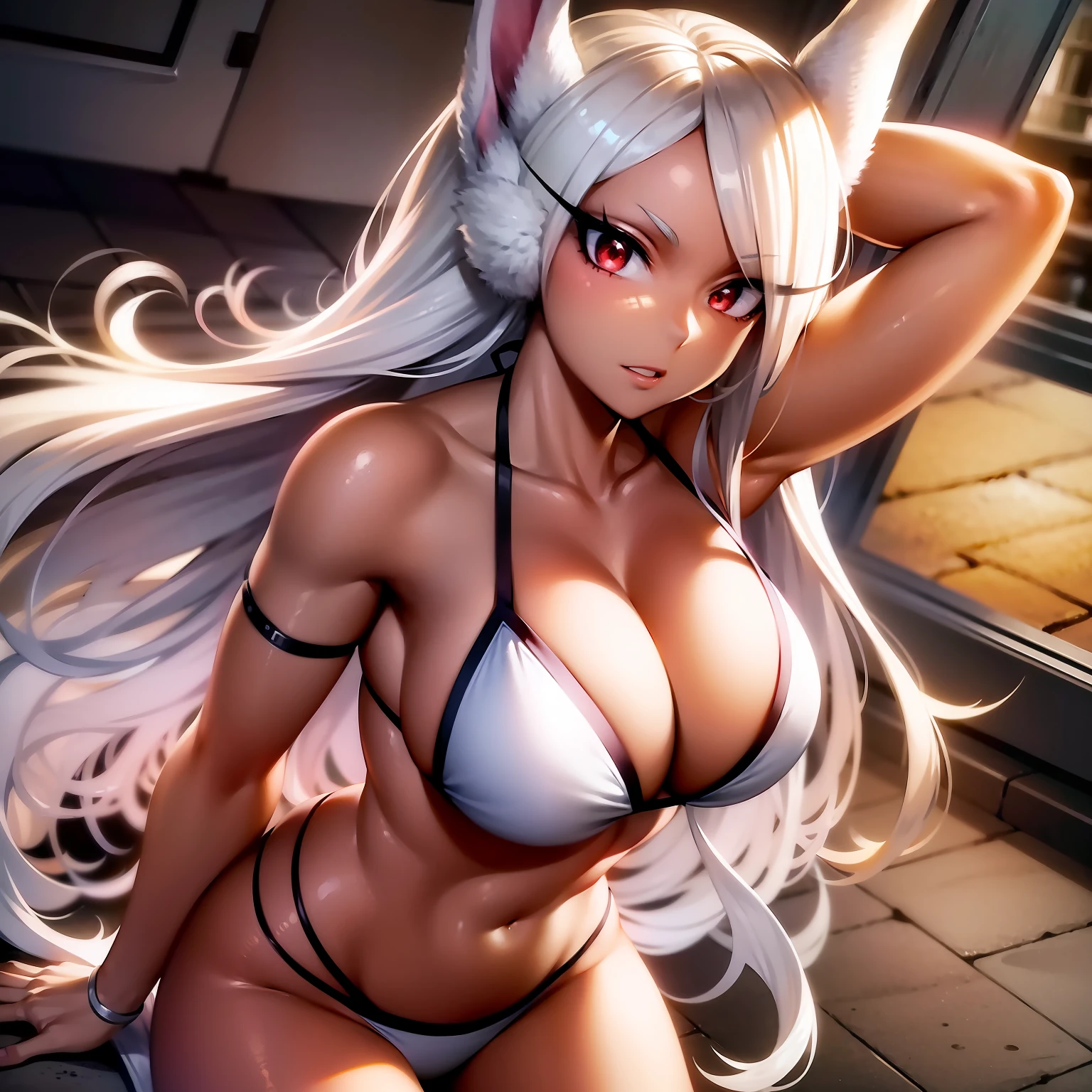 scan, (extremely detailed CG unity 8k wallpaper:1.1), highres, ambient light, (1girl), mirkomha, boku no hero academia, rabbit ears, ((dark skin)), red eyes, (white hair, long hair), large breasts, bikini