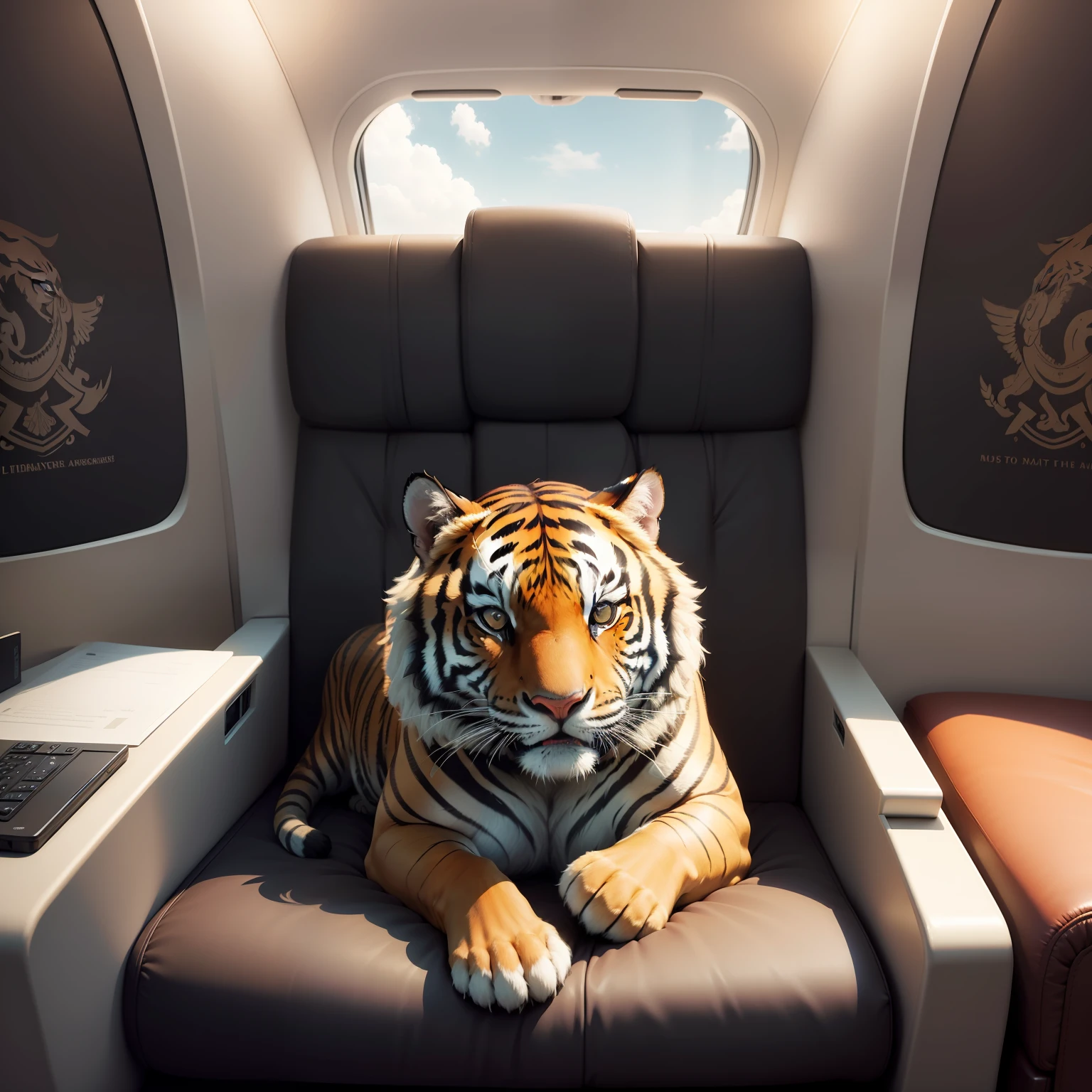 Um tigre majestoso e imponente, vestindo um elegante terno e uma gravata, com um olhar confiante no rosto, sitting in a soft leather armchair on a luxury private plane. The cabin is exquisite, With luxurious and spacious interiors to accommodate the tiger comfortably. The soft and warm light of the plane creates a relaxing and exclusive atmosphere. Nas patas, o tigre segura um tablet ou uma pasta de documentos, showing your ability to handle important financial information. ao redor, The other passengers and crew of the plane observe with admiration and respect the magnificent presence of the tiger in the luxurious environment. through the windows, One can see the white clouds and the blue sky, evoking a sense of freedom and adventure. o Tigre, a symbol of power and dexterity, is clearly in control and enjoying the comfort of flight. The plane is a symbol of his achievements on the stock exchange, permitindo-lhe viajar com facilidade e estilo. A imagem transmite uma atmosfera de sucesso, Realization and luxury, as the tiger flies through the skies in his private plane, mostrando que mesmo na forma mais inesperada, He can be a master of business.