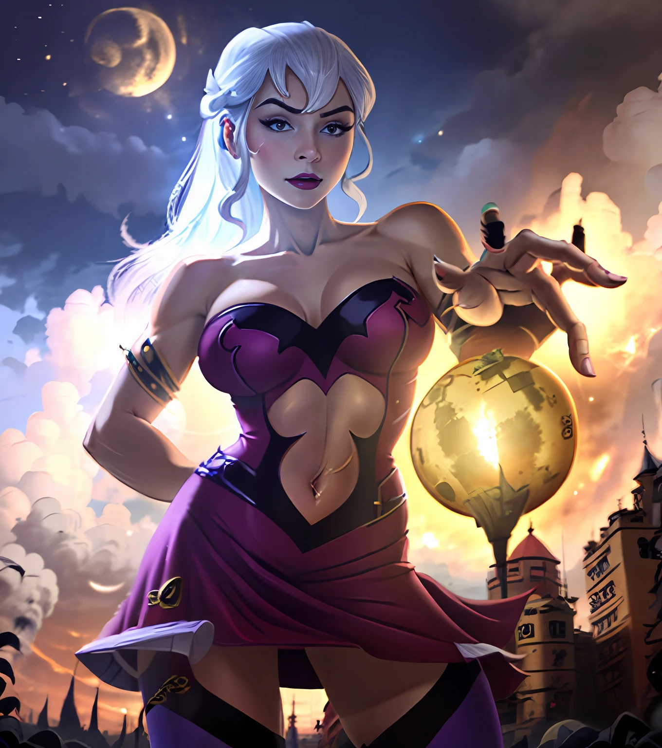 (cowboy shot), SFW, (master part), (best quality:1.0), (Ultra Highres:1.0), Olhos detalhados, quebrar, Charmcaster, 1girl, cabelos lisos, olhos azuis, cabelos longos, dynamic pose, (coroa preta), vestido roxo, Mangas, colarinho estourado, black tights, gema vermelha, luvas sem dedos, cintura-faixa rosa, quebrar, (castelo, Noite, lua, vista deslumbrante)