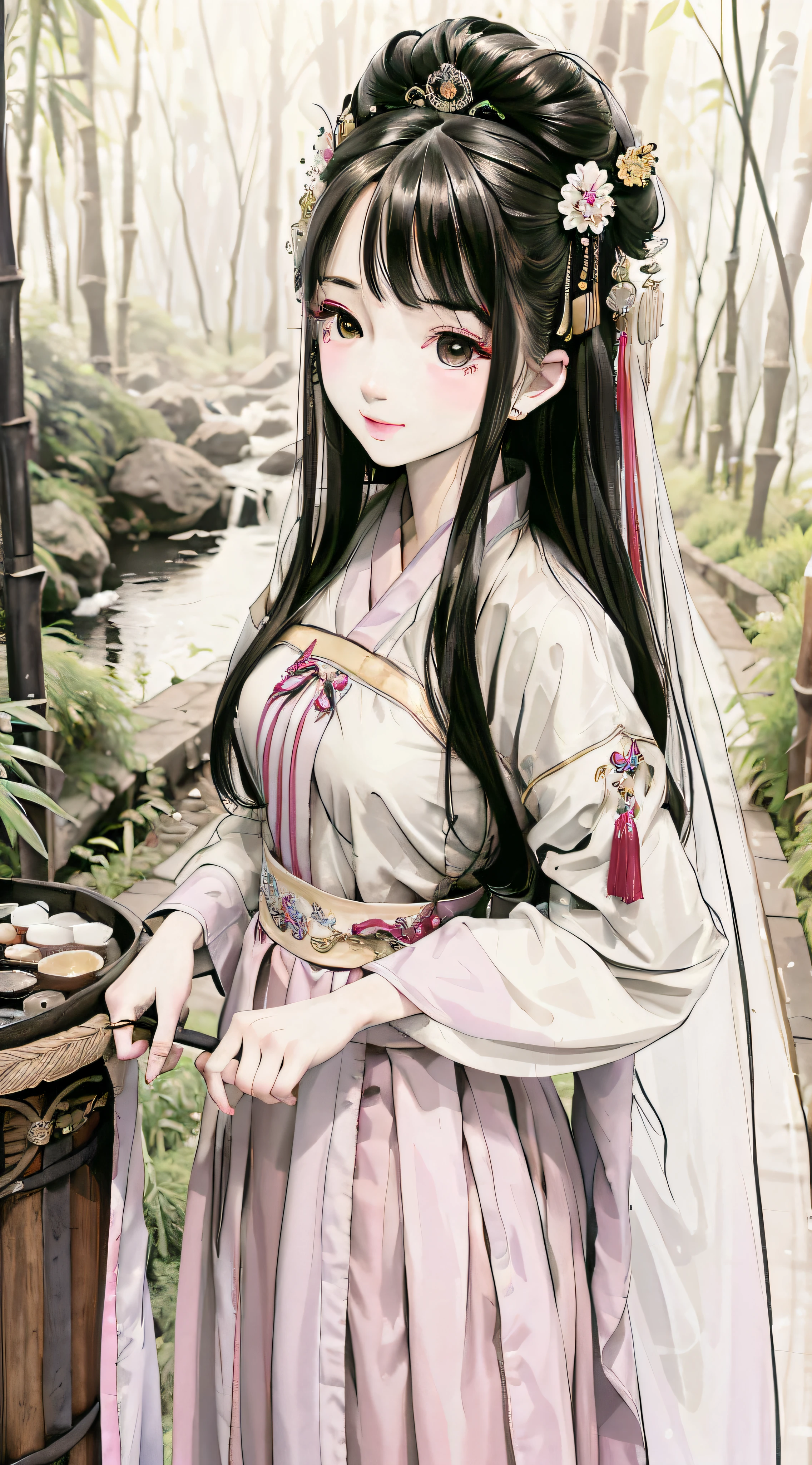 Masterpiece, 4k, super detailed, 1girl, 20-year-old young woman, delicate facial features, perfect face, smile, light makeup, headdress, hanfu, long skirt, skirt, bamboo forest, ink style, gongbi painting