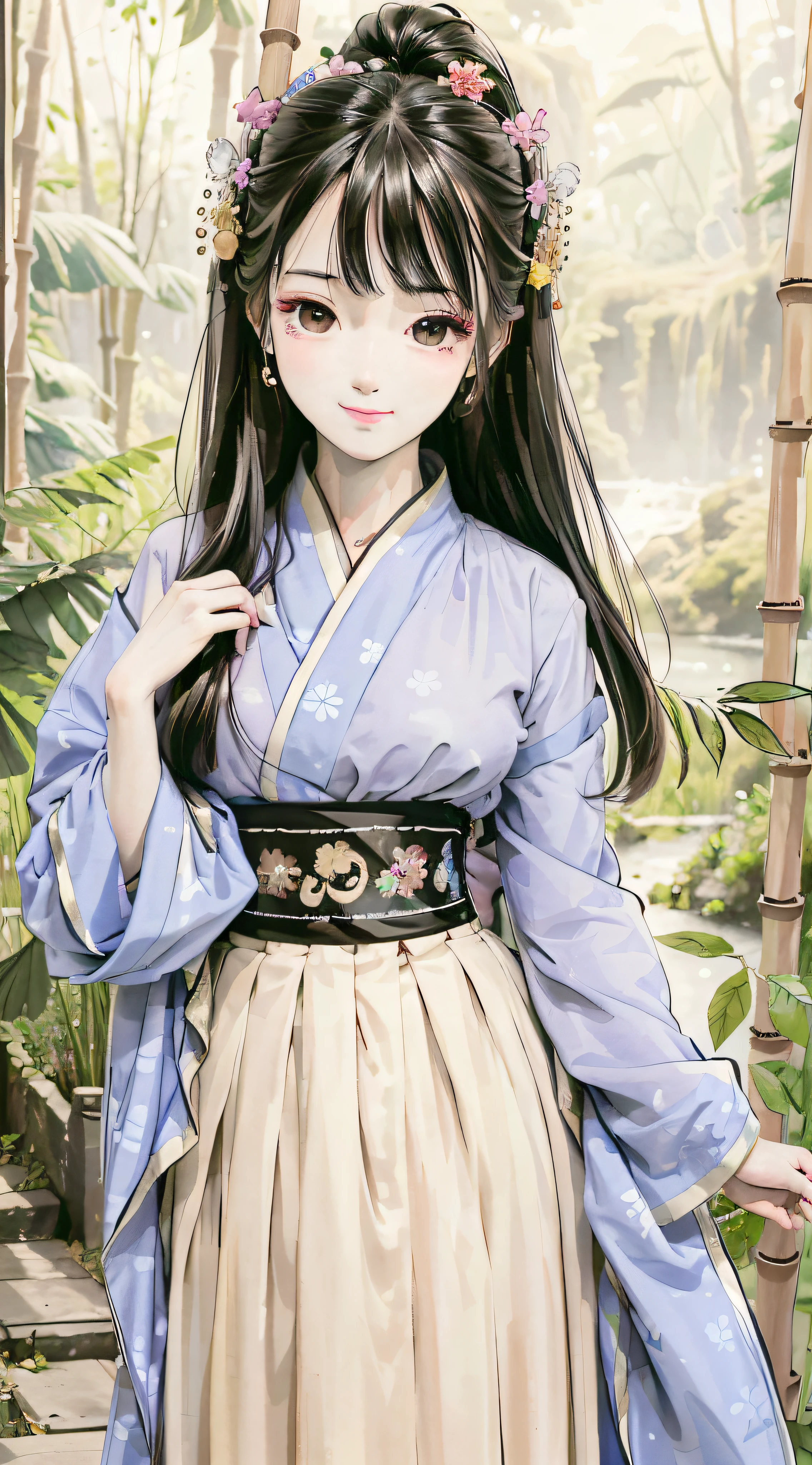 Masterpiece, 4k, super detailed, 1girl, 20-year-old young woman, delicate facial features, perfect face, smile, light makeup, hanfu, long skirt, skirt, bamboo forest, ink style