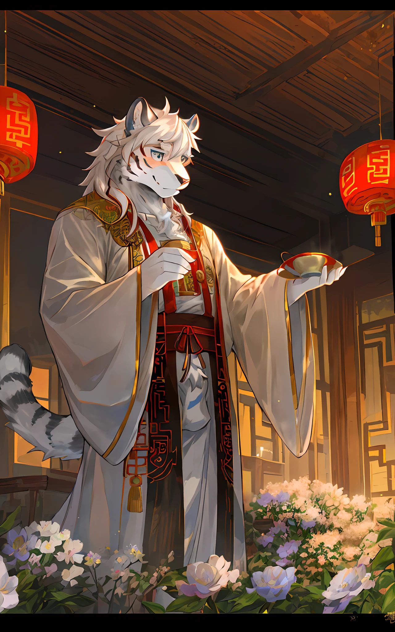 niji, (1boys:1.4), (JW3), White Tiger Youth, (hairy pubic:1.5), Light blue fur, white body fur, (thick thight:0.5), (full bodyesbian:1.1), Perfect litthing, (tmasterpiece), (ultra - detailed), Eye God, Be red in the face, long white hair, white clothes, looking at viewert, 独奏, Open your clothes, coda,Ancient Chinese men's long skirt, Flower anklets, exteriors, exteriors, hilltop,Holding a bowl of wine in his hand ,hyper HD, Break, AOEU, AOEU, AOEU, AOEU,AOEU,AOEU,AOEU,AOEU,AOEU