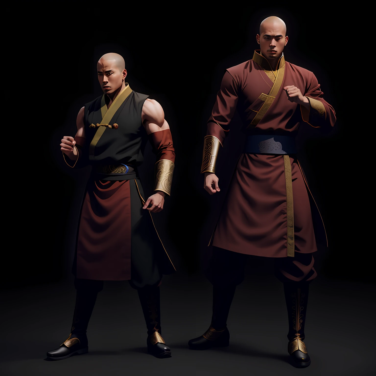 Two men in costume pose for photos in the dark, concept art of a monk, monk clothes, full body picture of a male monk, inspired by Ma Quan, inspired by Shen Quan, 3 D rendering character art 8 K, inspired by Fan Kuan, inspired by Liao Chi-chun, yasuke 5 0 0 px models, The monk fuses the characters in this picture with martial arts moves and the Emeishan Monastery