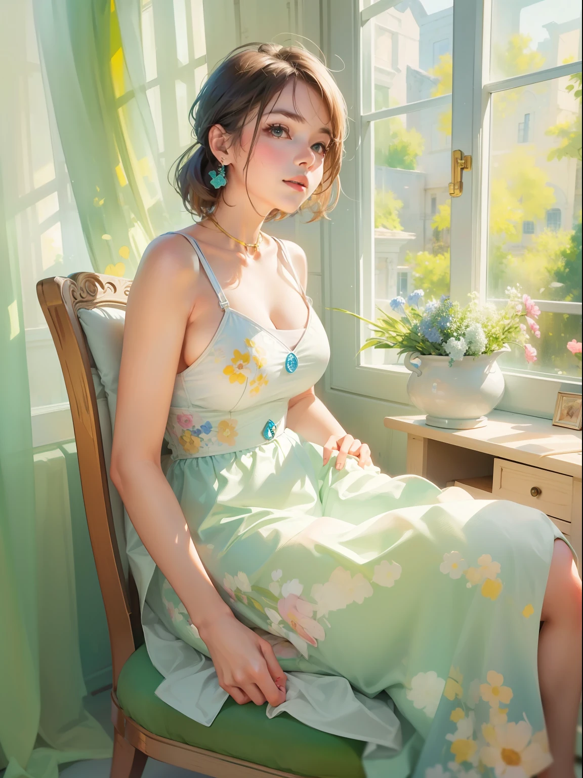 (best quality), (masterpiece), (1girl), solo, beautiful girl, perfect face, perfect body, big breast, sexy dress, indoor, sitting on the chair, watercolor, posing like model, unfinish, simple background, full body portrait, sunny window, pastel color, Monet style color