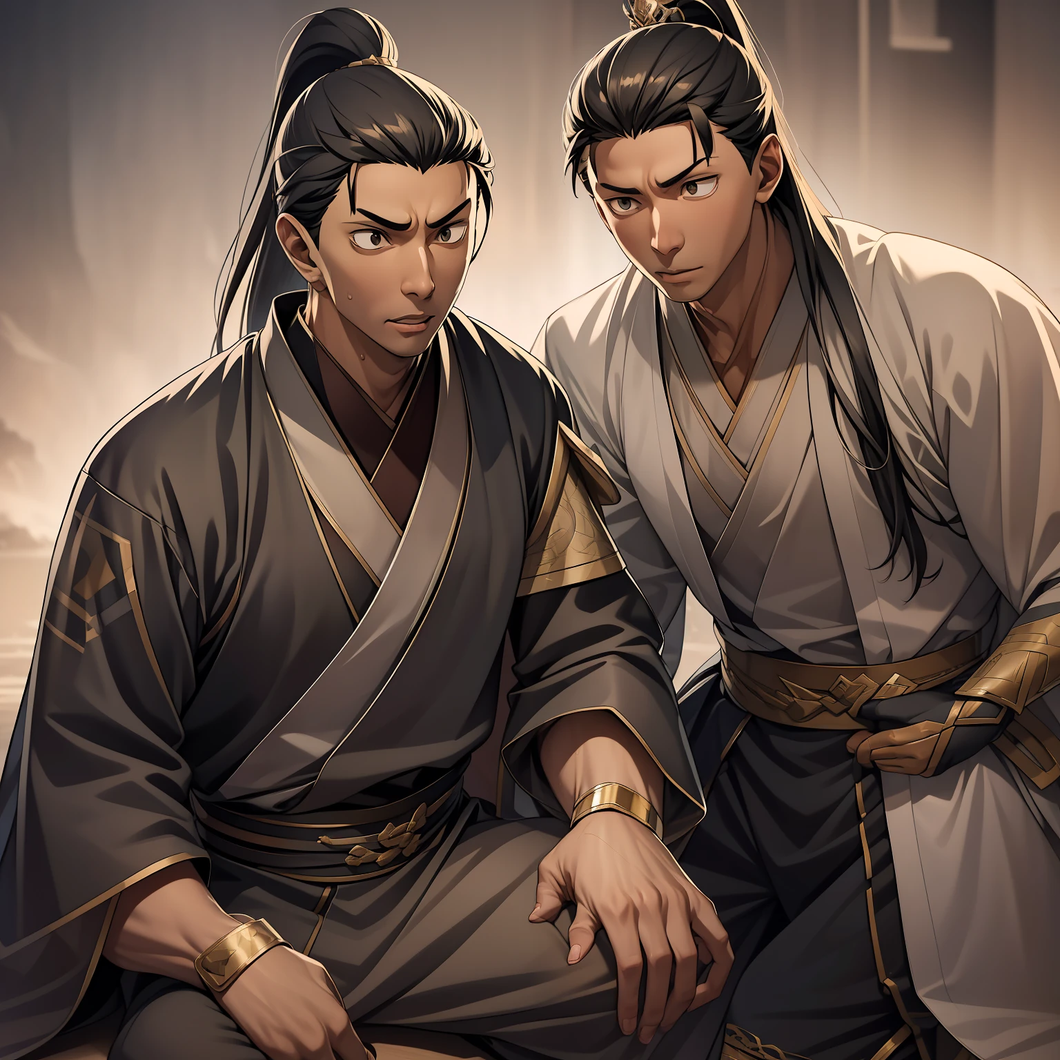 quadratic element，style of anime，mtu（Male Warrior），The proportions are correct，Face details，swordsmen，High ponytail hairstyle，Neck details，There is an Adam's apple，Black Hanfu，kaftan，Embroidered robes，Black robe，clothes details，Handing over，longer sleeves，Game quality，Swordsmanship，Light and shadow tracking，Ray traching，detailed glow，cg render，hair detail，long  white hair，Black eyes，Handsome，Handsome，（juvenile sense），Clothing is complicated，Perfectcomposition，Refinement，high qulity，higher details，Lots of details，The background is complex，a sense of atmosphere，