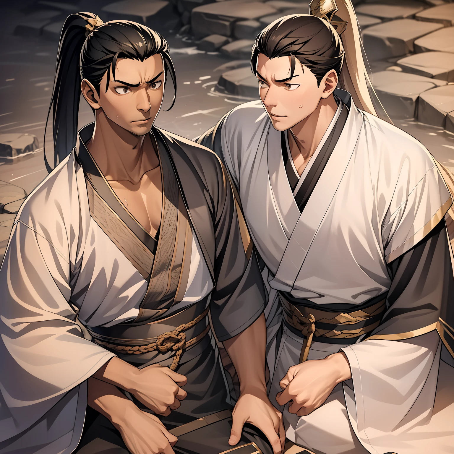 quadratic element，style of anime，mtu（Male Warrior），The proportions are correct，Face details，swordsmen，High ponytail hairstyle，Neck details，There is an Adam's apple，Black Hanfu，kaftan，Embroidered robes，Black robe，clothes details，Handing over，longer sleeves，Game quality，Swordsmanship，Light and shadow tracking，Ray traching，detailed glow，cg render，hair detail，long  white hair，Black eyes，Handsome，Handsome，（juvenile sense），Clothing is complicated，Perfectcomposition，Refinement，high qulity，higher details，Lots of details，The background is complex，a sense of atmosphere，