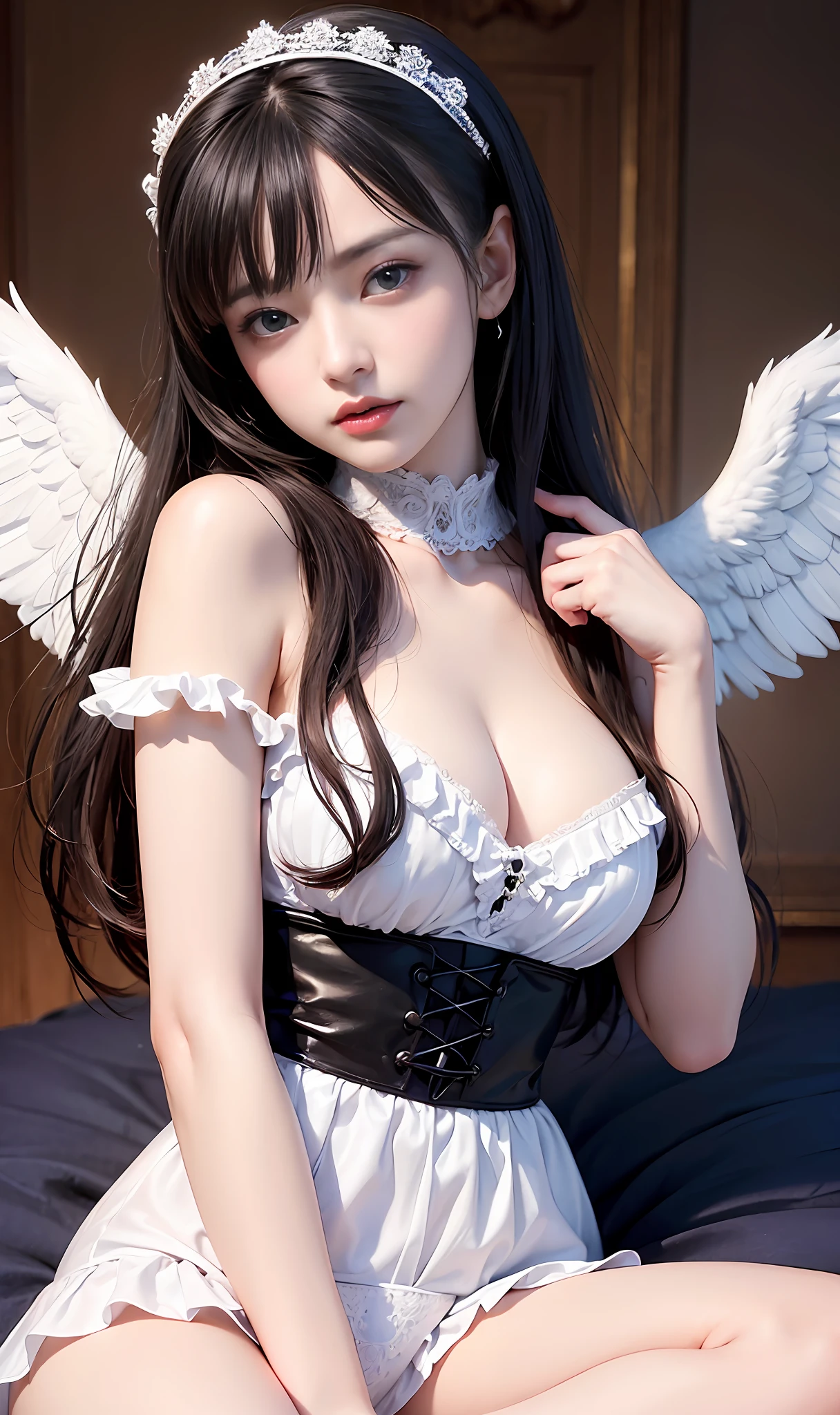 (realisitic、Photorealsitic:1.4), (8K、Raw photography、top-quality、​masterpiece:1.2)、cute little、ultra-detailliert、Heart-shaped pupil、physically-based renderingt、超A high resolution、Look at viewers、Photorealistic、Realistic、Solo, Photorealistic、top-quality、extra detailed face、extremely detailed eye and face、beatiful detailed eyes、 Adult woman in Lolita style posing for photo, Erotic look, Full body!!, angelic pretty, A dark-haired、pale-blue、Erotic Poses, white  panties, White ruffled socks, (Standing Pose), Background of the majestic temple