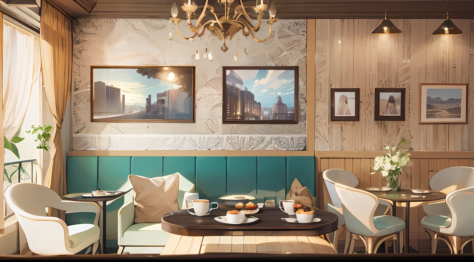 photoRealstic、Luxurious rooms in the coffee shop、Thinking of variations of shortcake and coffee set
