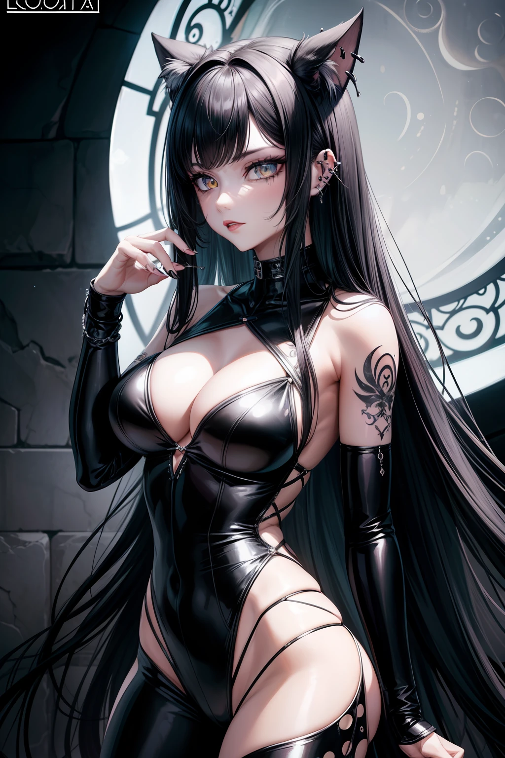 Selene undeworld, loba, Hibrido,piercings, tatuagens, tattoo de lua 🌙 na testa, black catsuit, Corcer, cabelo escuros,cachos,roxos,longo