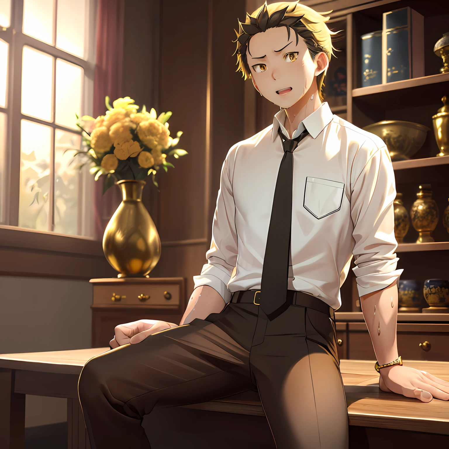 A high resolution, Sharp focus, Pixiv masterpiece, ((Complicated details)), highly detailed, natsuki_subaru, 1 man, with her mouth open,full bodyesbian,sit astride, Golden eyes(eyes glowing), blond hairbl, The shirt,Drenched,Gold tie,trousers,thongs,perspire,look from down