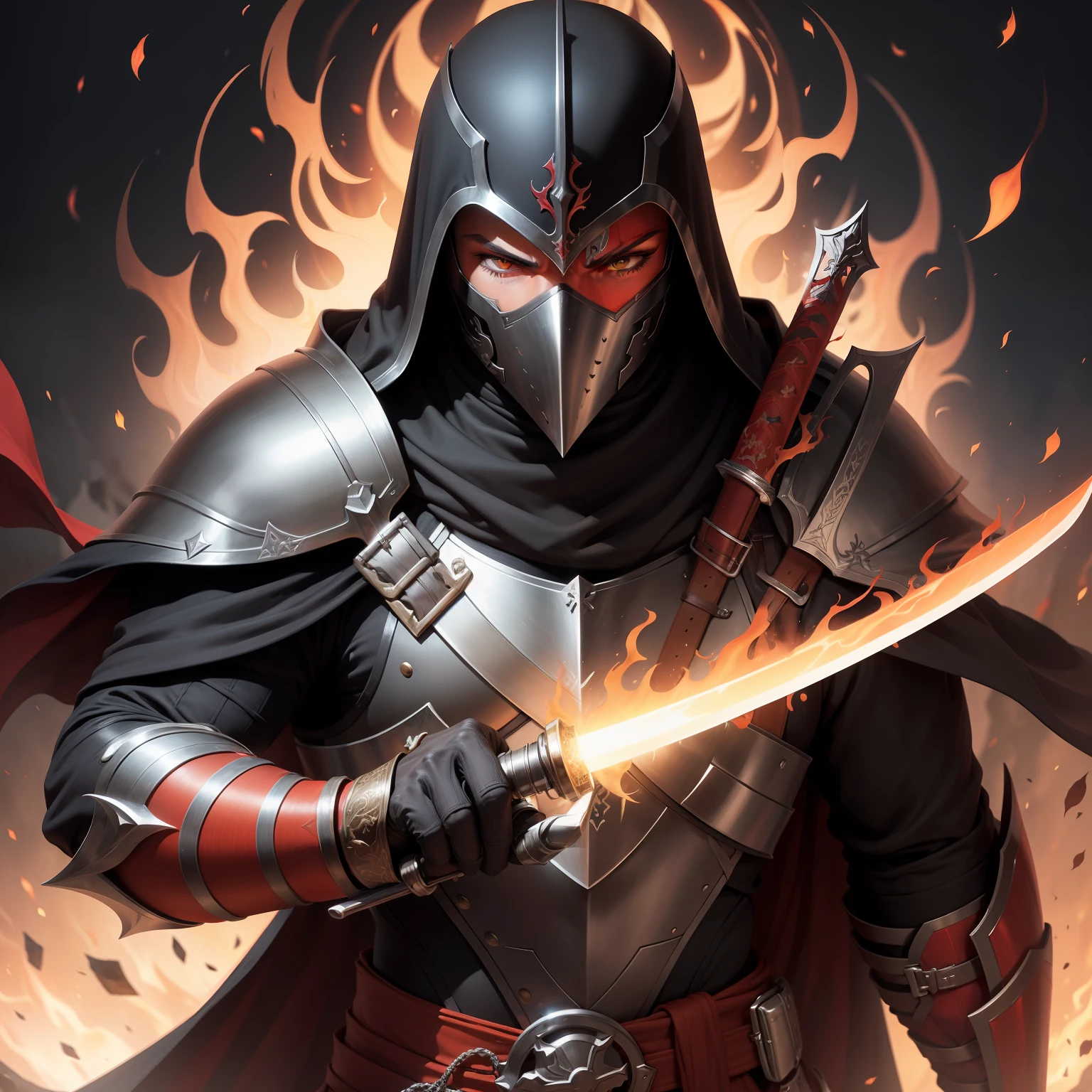Homem cavaleiro de armadura preta, com juntas douradas e vermelhas, metal mask covering the mouth, olhos castanhos, cabelo curto e preto, espada parecida com uma katana, with a detail on the blade with a flame