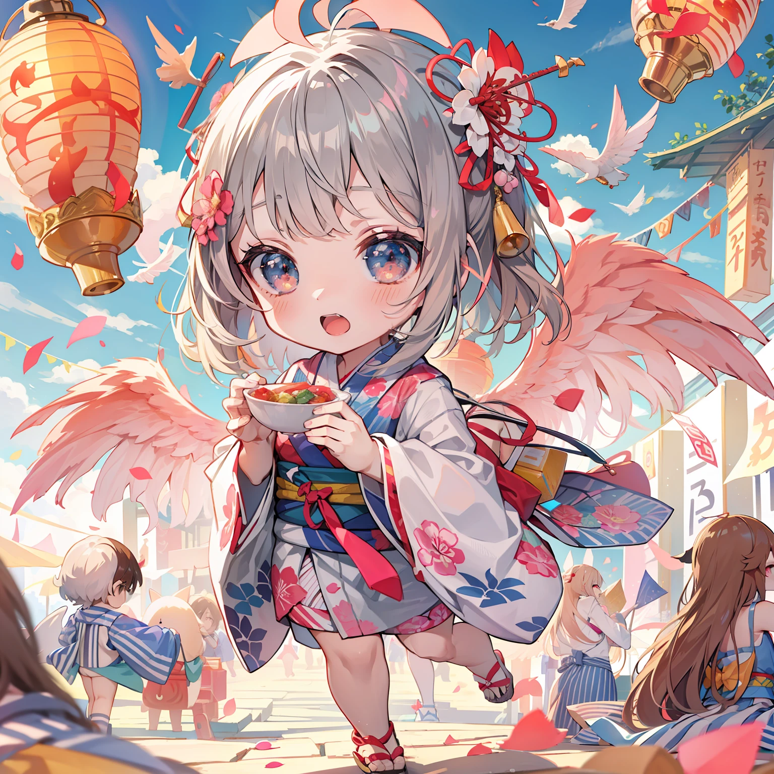 tchibi、SDcharacter、(((Chibichara)))、Must be Chibi、the setting sun、((Summer Festivals))、Wearing yukata、food stand、big crowd、paper lanterns、(((Shine one very large wing)))、Eye of Desire、hiquality、high-level image quality、((Fulll body Shot))、Particles of light floating in the sky、ultra-detailliert, Beautifully Aesthetic, masterpiece, top-quality, vivd colour, wings are symmetrical