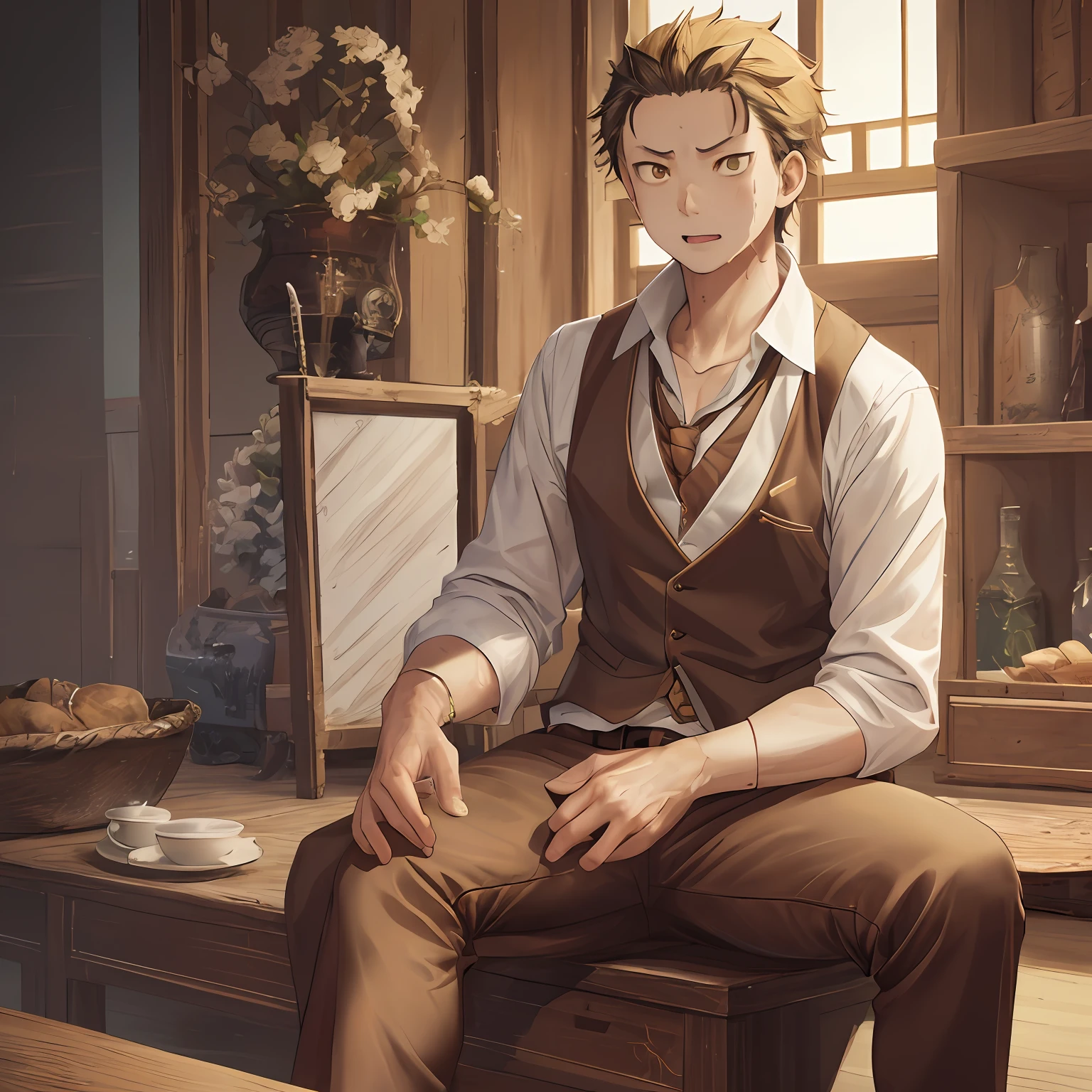 A high resolution, Sharp focus, Pixiv masterpiece, ((Complicated details)), highly detailed, natsuki_subaru, 1 man, with her mouth open,full bodyesbian,sit astride, Golden eyes(eyes glowing), blond hairbl, The shirt,Drenched,Gold tie,trousers,thongs,perspire,look from down