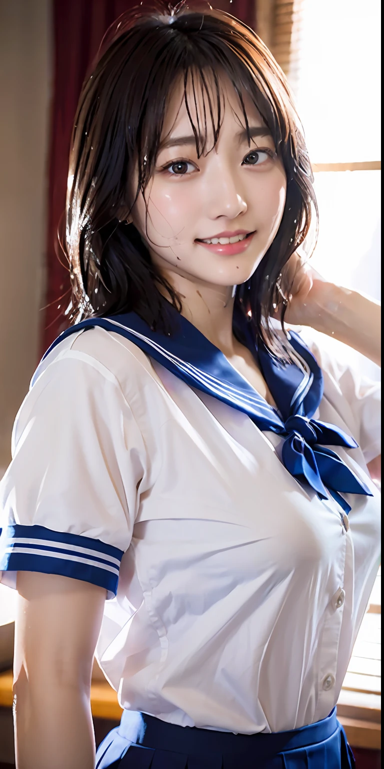 ulzzang-6500-v1.1, (Raw photo:1.2), (Photorealism), Beautiful detailed girl, Very detailed eyes and face, Beautiful detailed eyes, Huge file size, (Big), High Resolution, Very detailed, Best quality, [Masterpiece:1.6], [JK Uniform], Illustration, Very detailed, CG, Fine detail, Best quality, Very detailed CG uniform 8k wallpaper, Movie Lighting, 1 girl, 17 years old, cute Japan high school girl, perfect figure, [wearing white school blouse unbuttoned], large taut breasts, [huge breasts, heavy breasts, H cup: 1.8], cute drooping eyes, beautiful big eyes, white school blouse, bra, sweaty and wet, [sexual arousal: 1.1], lying in bed: 1.5], hands raised, School uniform ribbon around neck, smile, (the whole body is wet), shining eyes