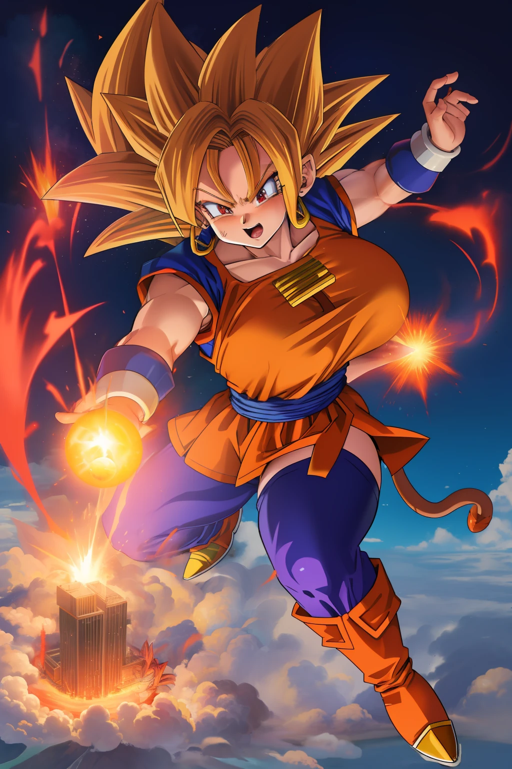 clouds, gtscity,very long hair,super saiyan ,muscular,red aura,super saiyan 4,smug,cocky,Rampage potara earrings(dragon ball z)fighting stanc,combat boots,red eyes,large breast,red hair,solo,1female,cityscape,masterpiece,best quality,blacklight,red glow around body,firing kamehameha,arena, pectorals,saiyan armor(dragon ball, red fur,monkey tail