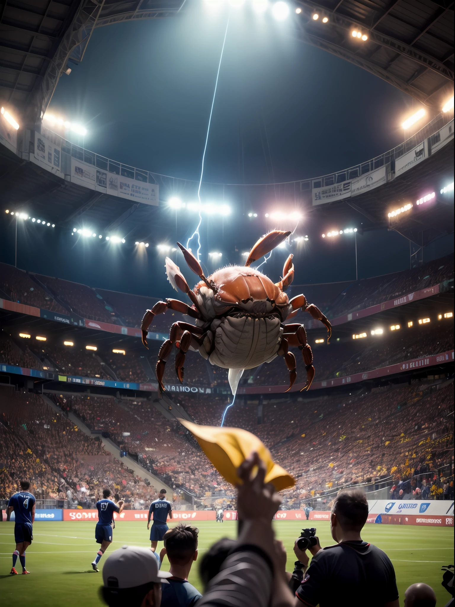 (master part, melhor qualidade, .cgi, Arte Oficial:1.4), (carangueijo jogando futebol:1.3), (vestindo um uniforme de futebol amarelo vibrante:1.2), (Sony Alpha 1 camera, Known for capturing fast action with exceptional detail:1.3), (emparelhado com o Sony FE 70-200mm f/2.8 GM lenses for sharp and accurate photos:1.3), (O carangueijo no meio do chute, mostrando agilidade e habilidade:1.2), (A bola de futebol no campo verde, congelado em movimento:1.2), (the stadium crowd cheering and waving flags in the background:1.1), (a pele do carangueijo babando na brisa enquanto corre:1.1), (seus olhos se concentraram atentamente na bola:1.1), (the camera capturing the emotion of the moment with clarity and precision:1.1), (o gramado detalhado do campo de futebol, marcado com linhas brancas:1.1), (the stadium lights illuminating the scene with a warm glow:1.2), (as cores vibrantes das camisas da torcida criando uma atmosfera animada:1.1), (a sense of movement and energy as the crab engages in the game:1.1), (the rendering .cgi mostrando cada detalhe da cena:1.1), (the expressions of emotion and joy of the fans when watching the match:1.1), (a dynamic angle capturing the action from an exciting perspective:1.1), (um momento congelado no tempo, Epitomizing the spirit of football:1.1), cinemactic, hiper-detalhado, detalhes insanos, Lindamente colorido, Motor irreal, DOF, Super-Resolution, Megapixel, cinematographic lightning, antialiasing, FKAA, TXAA, RTX, SSAO, Post processing, post - production, Mapeamento de tons, .cgi, VFX, SFX, Insanamente detalhado e intrincado, Hiper maximalista, hyper realistic, volumetric, fotorrealista, ultra fotorreal, ultra-detalhado, detalhes intrincados, 8k, super detalhado, Colorido, Volumetric lightning, HDR, Realistic, Motor irreal, 16k, foco nítido, Octane render --v testp