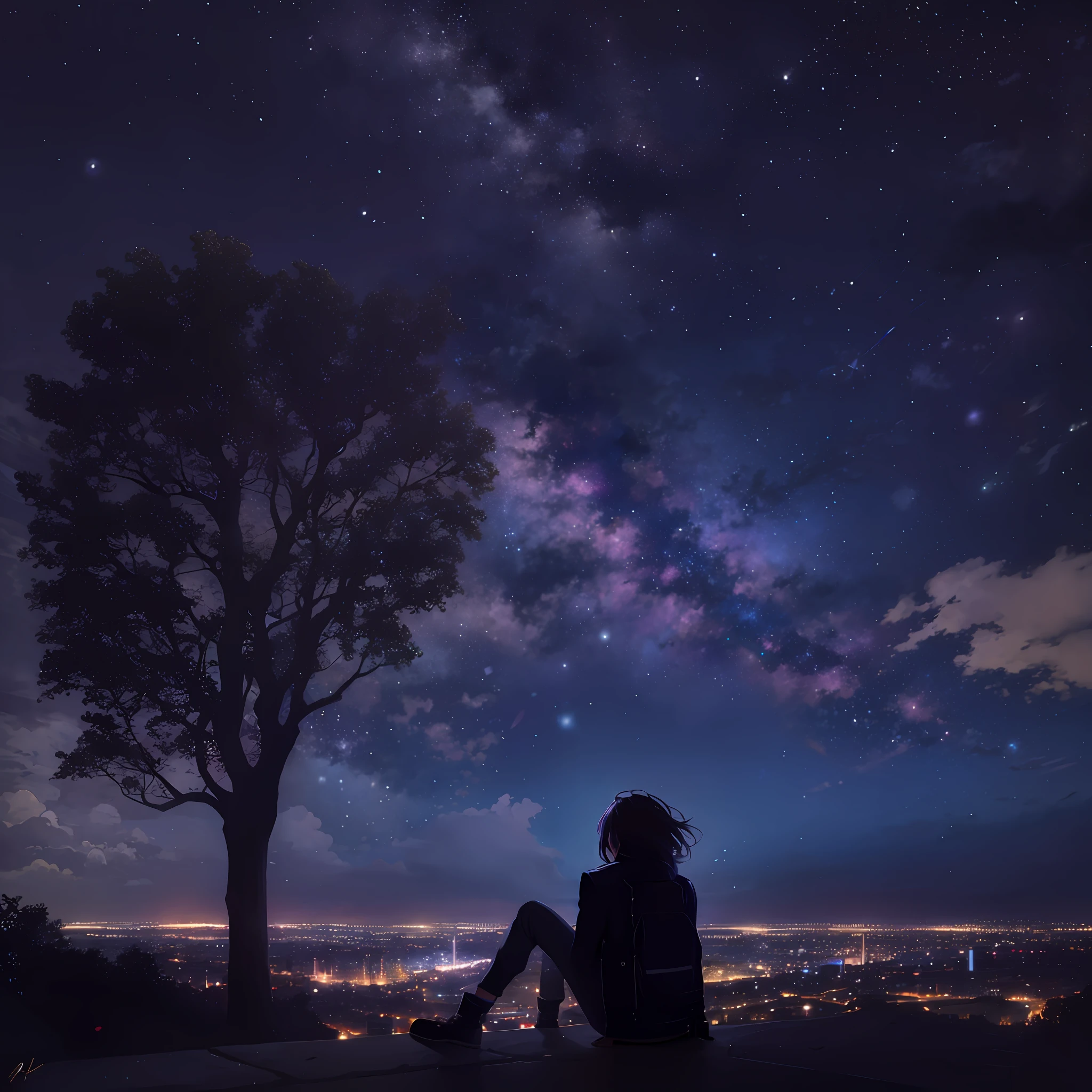 octane, sky, star (sky), landscape, starry sky, night, only child, night sky, solo, outdoor, signature, building, clouds, milky way, sitting, tree, long hair, city, silhouette, cityscape