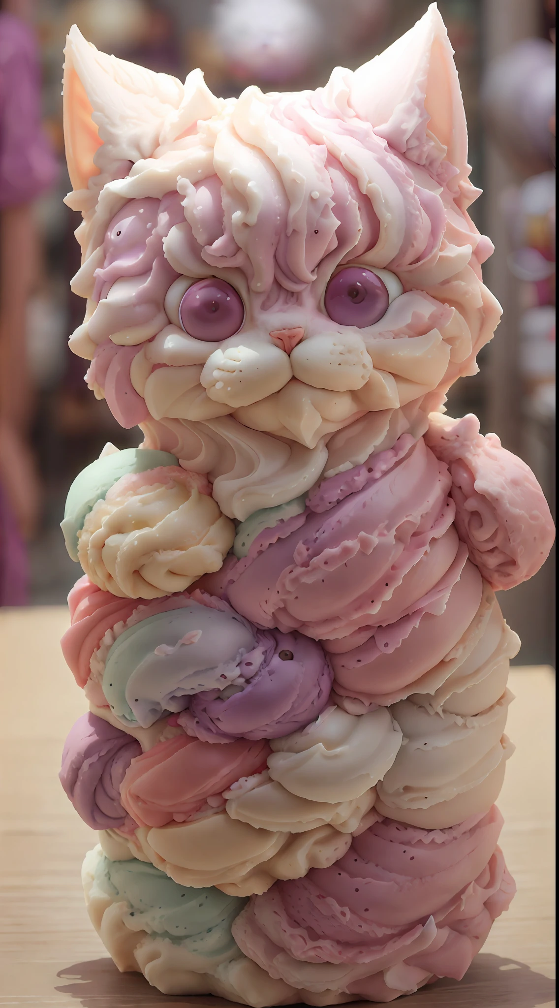 Ice cream style cat body,a purple eye,brightly、photorealistic eye,ssmile,Funny