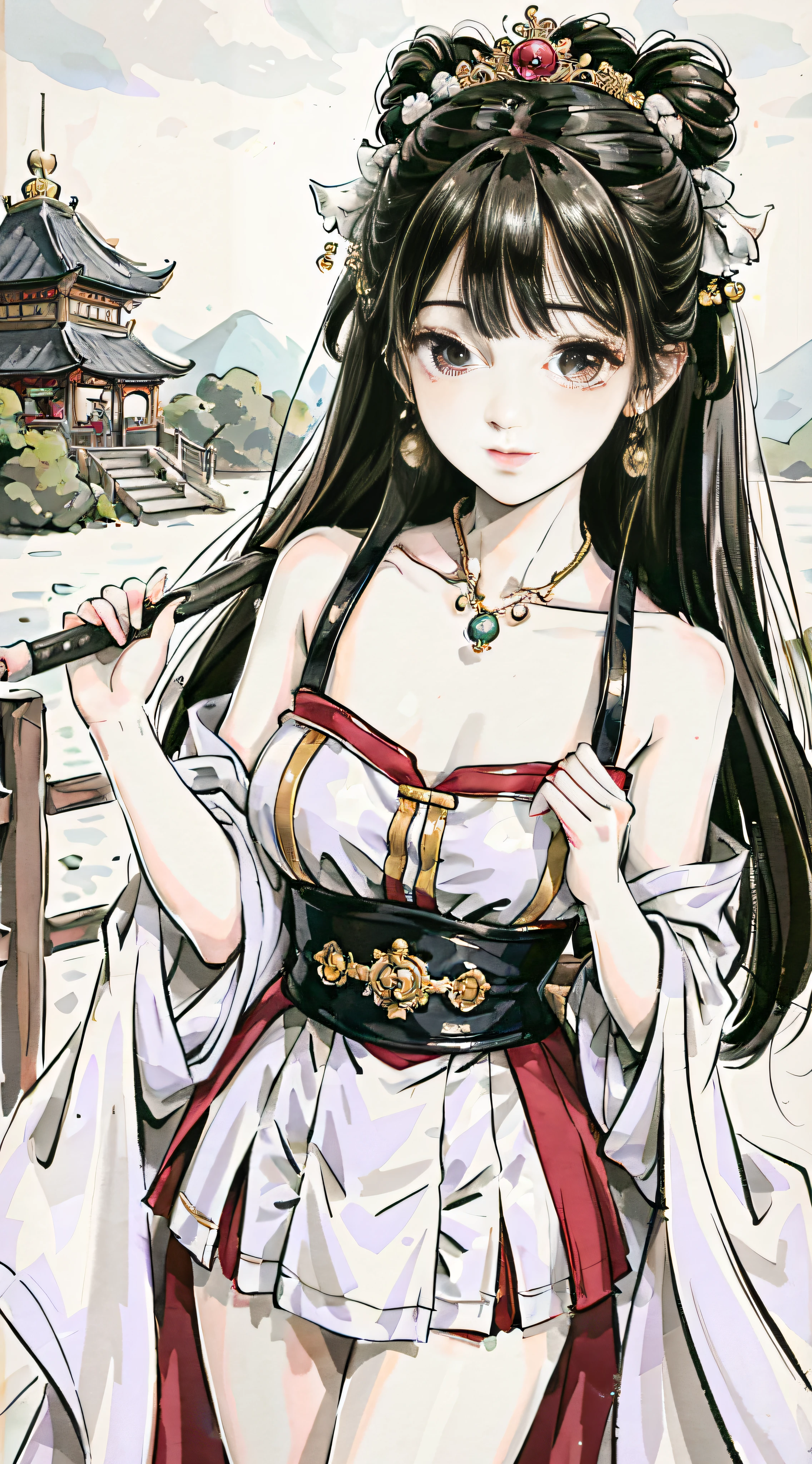 (masterpiece), best quality, good anatomy, shuimobysim, (1 girl: 1), (upper body), (smile), short hair: 1.2, (hanfu), long coat, (ecchi0.5), (bridge: 1.2), (flowers: 0.6), moon, lantern in ancient China, delicate face, see-through, pink clothes, full body, close-up, back hand, robe, thigh, high up, cloudy, chinadre, overexposed, [wet clothes], mid-chest, solo, [dolls], bare thighs, credibly_absurdres, strong angles, pleated skirt, chinoiserie architecture, single bun, white hair, red eyes, squinted eyes, cold attitude, eye shadow, eyeliner, eyes visible through hair, no shoes, ribbon sleeves, earrings, necklace, tiara, mid-chest, sunlight, reflected light, ray tracing, , phoenix crown vermilion robe, blush