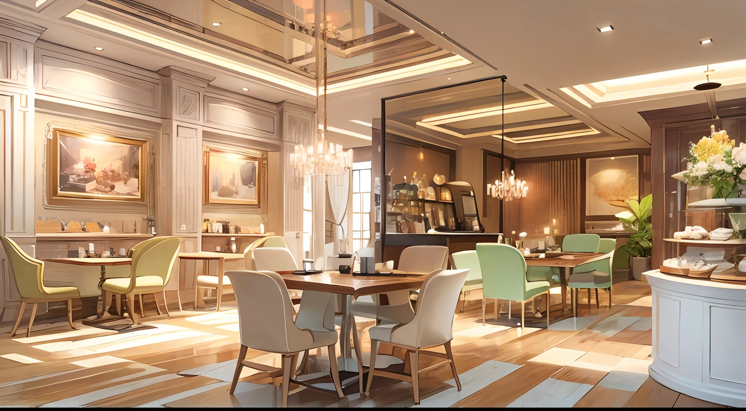 photoRealstic、Luxurious rooms in the coffee shop、Think of variations of shortcake and coffee sets