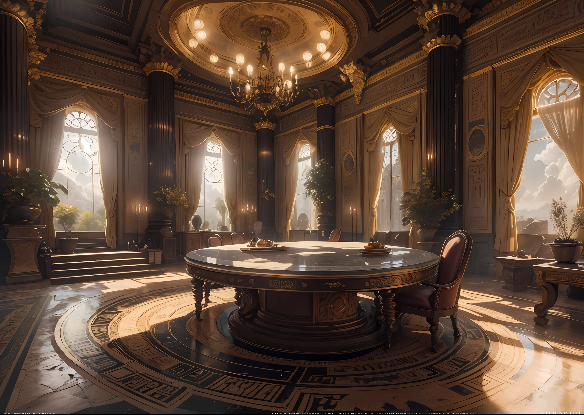 Amazing medieval and luxurious interior in ancient Egyptian style with lotus flowers, hieroglyphs, paredes rochosas, areia, bille, minerais preciosos, metais, pedras preciosas, cristais, clouds and water, ultra luxo, black marble - with beautiful lights, Unreal Engine, QG, 16k. Salão Sempre Claro is a very well lit magical place with a huge round table and windows. The windows overlook many castles, as janelas iluminam todo o ambiente extremamente luxuoso. This is the office of an imposing director.