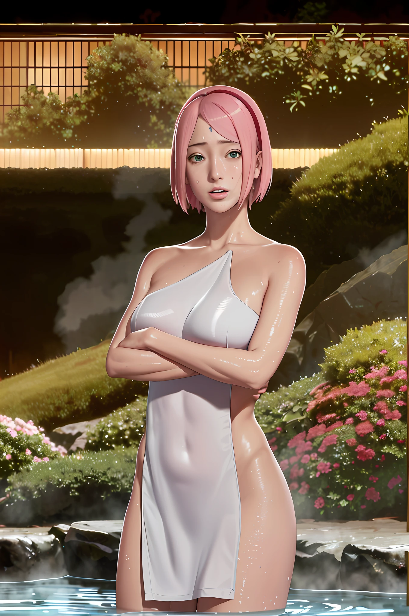 masterpiece, absurd, (intricate details), (colorful), cinematic lighting, bust shot, extremely detailed unit 8k CG wallpaper, 1 girl, haruno sakura, big breasts, wet, open mouth, embarrassment, people watching, big breasts, wet, erect, standing, too hot, hot, sweaty, hot, legs open, covering breasts with hands, naked, covering with hands, semi-naked, semi-naked, hot springs, inside the hot springs, bathing in the hot springs, at night, back, back pov, towel in front