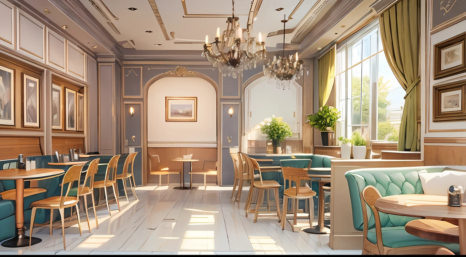 photoRealstic、Luxurious rooms in the coffee shop、Think of variations of shortcake and coffee sets
