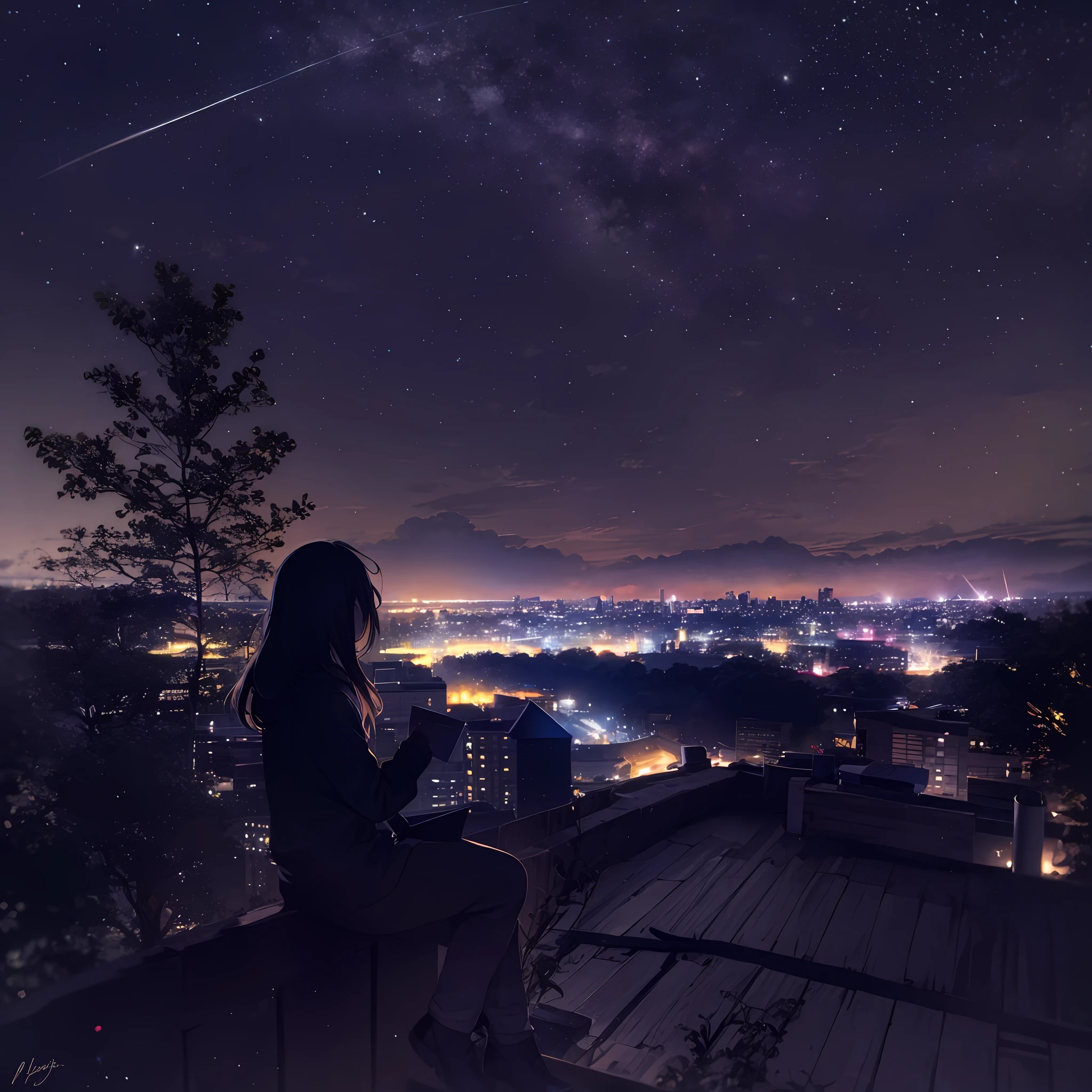 octane, sky, star (sky), landscape, starry sky, night, only child, night sky, solo, outdoor, signature, building, clouds, milky way, sitting, tree, long hair, city, silhouette, cityscape
