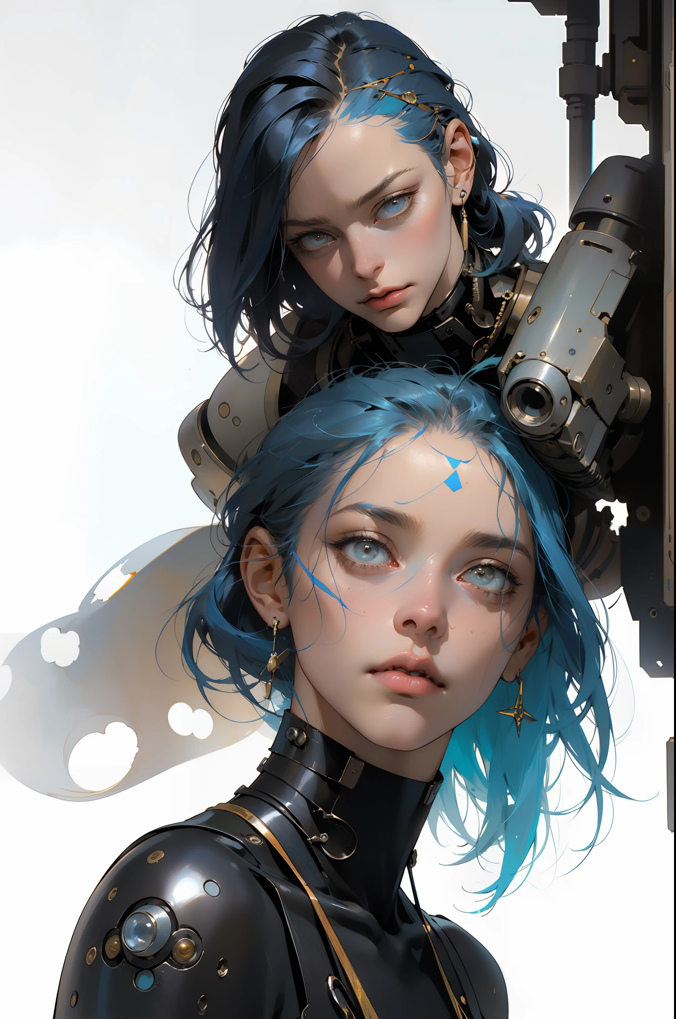 in the style of cyberpunk futurism, african influence, etam cru, light blue and gold, michael creese, steelpunk, michael hussar, white background, best quality, high quality, editorial photo, absurdres, masterpiece, intricate detail, film grain,her delicate human faculties hold the 2d illustrated notes, 4k detail, step by step