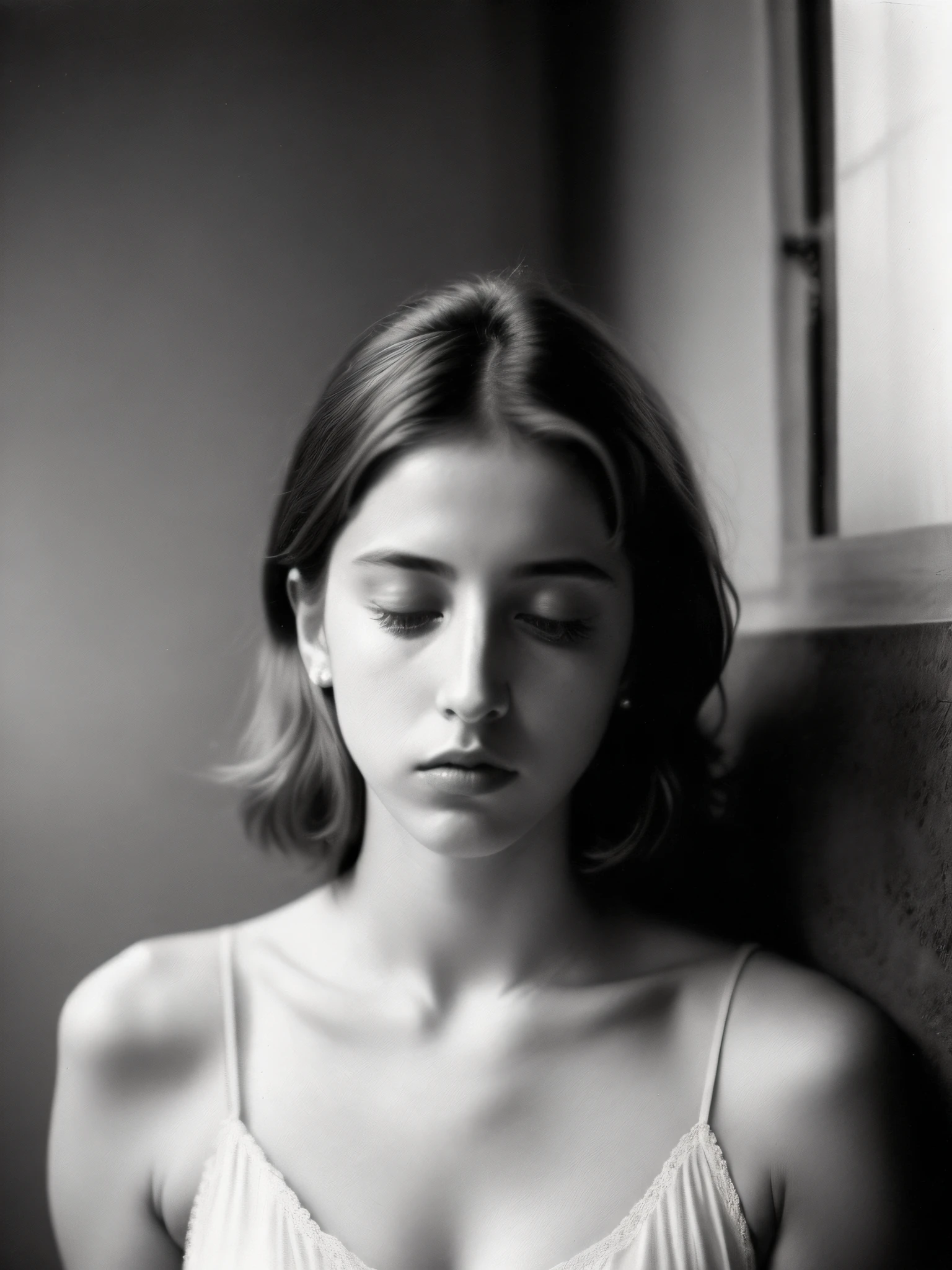 Arte que transmita um sentimento de ansiedade em uma fotografia com lente de 50mm. Artistic Inspiration: Francesca Woodman. A cena mostra um quarto escuro, uma figura encolhida em um canto, sombras acentuadas e luz filtrada pela janela. The color temperature is cool, An expression of anguish on the figure's face. The atmosphere is oppressive and mysterious. --v 5 --stylize 1000