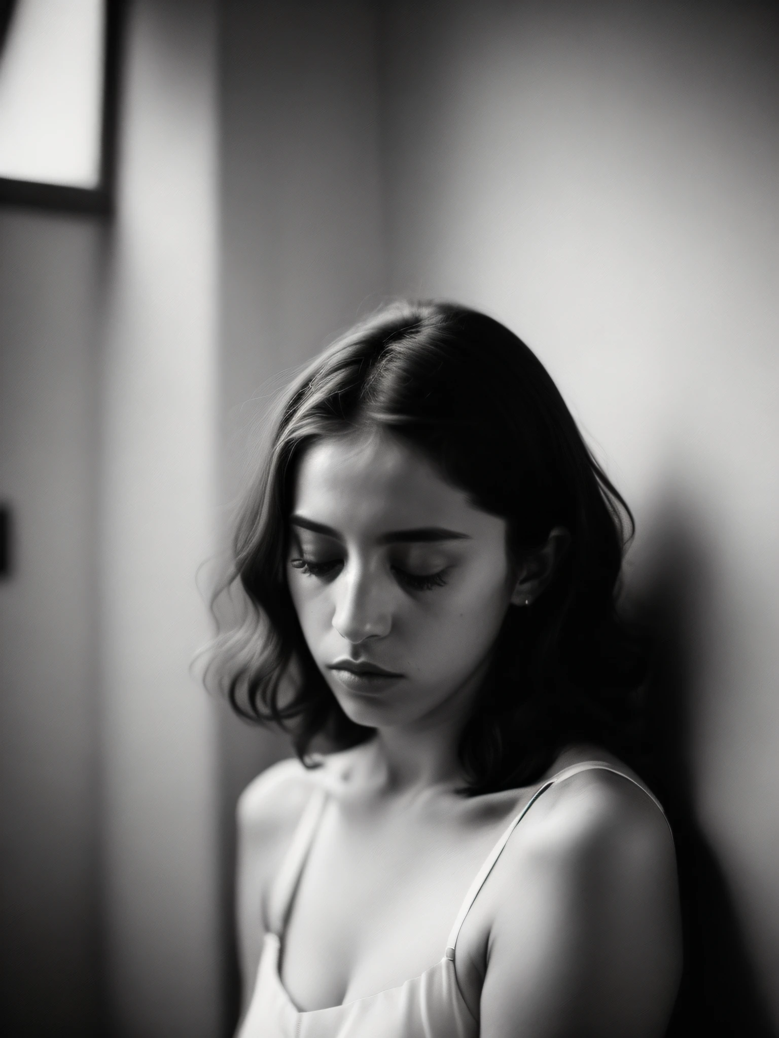 Arte que transmita um sentimento de ansiedade em uma fotografia com lente de 50mm. Artistic Inspiration: Francesca Woodman. A cena mostra um quarto escuro, uma figura encolhida em um canto, sombras acentuadas e luz filtrada pela janela. The color temperature is cool, An expression of anguish on the figure's face. The atmosphere is oppressive and mysterious. --v 5 --stylize 1000