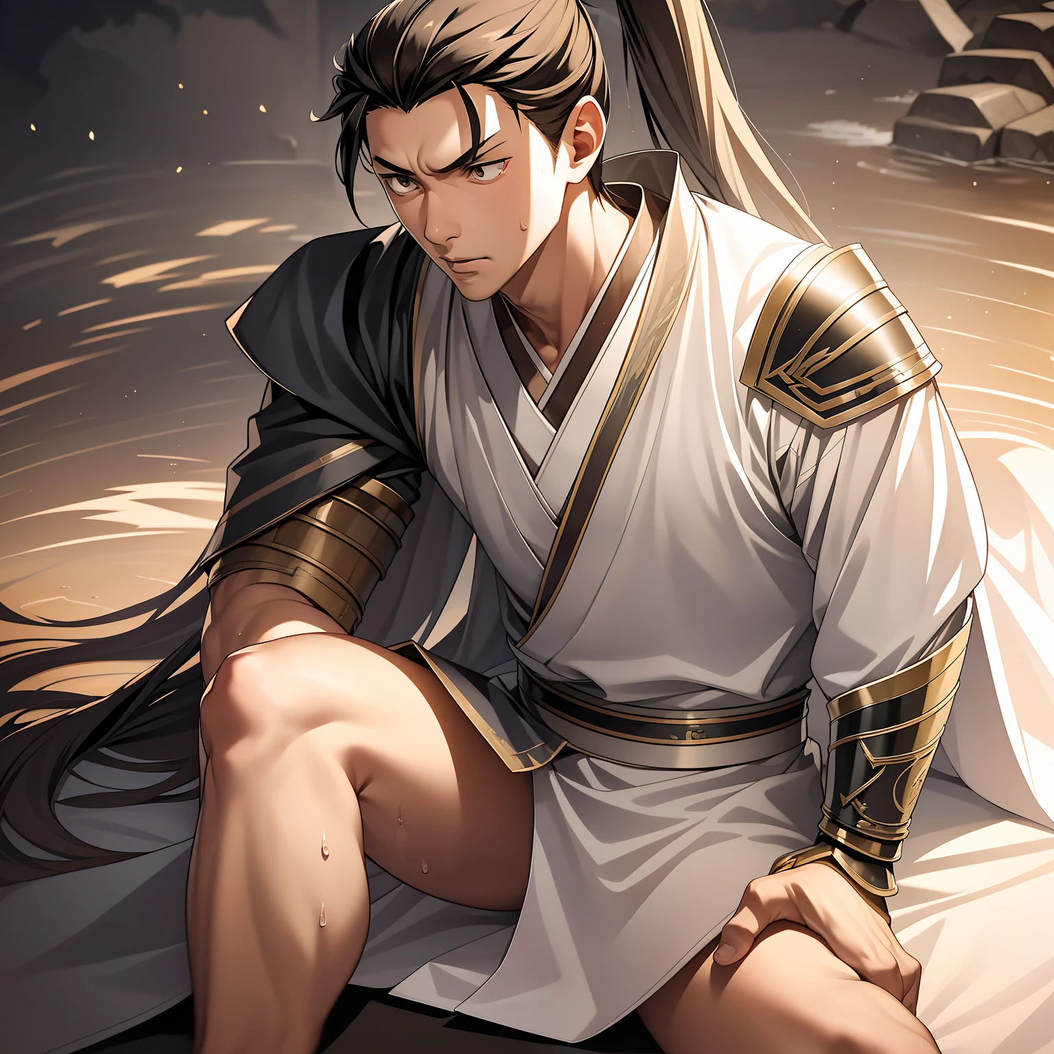quadratic element,style of anime,mtu(Male Warrior),The proportions are correct,Face details,swordsmen,High ponytail hairstyle,Neck details,There is an Adam's apple,Black Hanfu,kaftan,Embroidered robes,Black robe,clothes details,Handing over,longer sleeves,Game quality,Swordsmanship,Light and shadow tracking,Ray traching,detailed glow,cg render,hair detail,long white hair,Black eyes,Handsome,Handsome,(juvenile sense),Clothing is complicated,Perfectcomposition,Refinement,high qulity,higher details,Lots of details,The background is complex,a sense of atmosphere,