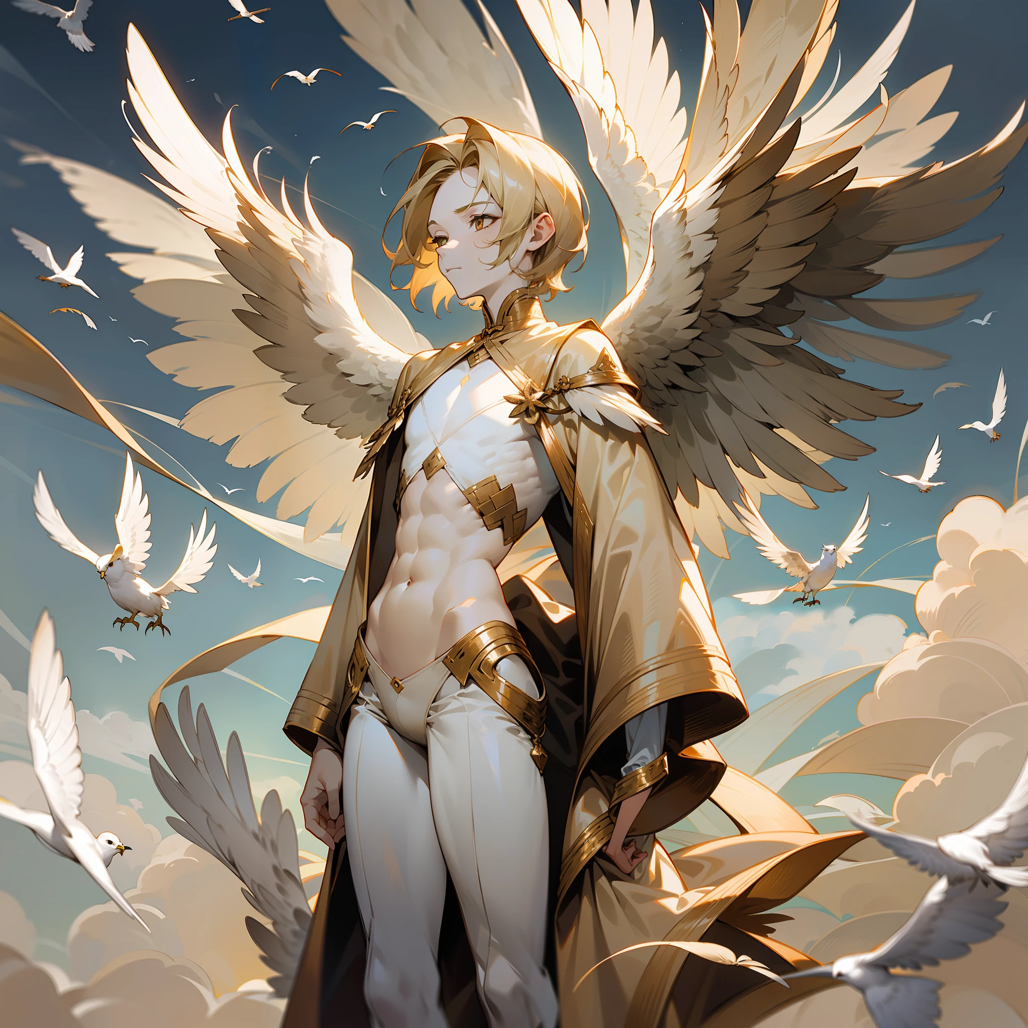 young man, (twink), (male), (((slim body))), (((flat chest))), slim waist, ((pale skin)), ((beige colored hair)), (((beige hair))), ((beige feathers)), ((brown feathers)), white feathers, (birds), owls, doves, standing on top of a tall mountain, white ribbons wrapped around body, transparent fabric, weariny only white fabric and feathers, feathered god, ((wings on his back)), clouds below, Wanderer over the Sea of Fog Composition